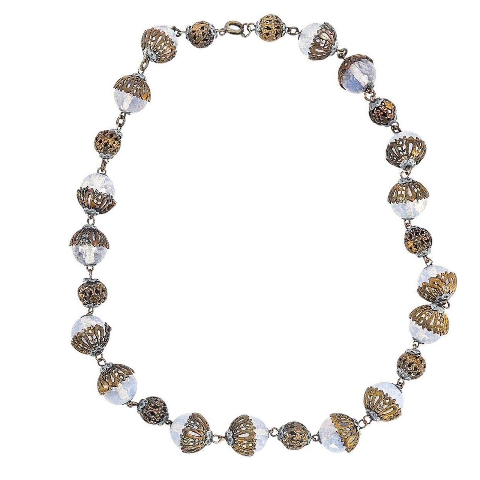 Vintage Czech Opaline Faceted Glass Beaded Necklace W Filigree Cups