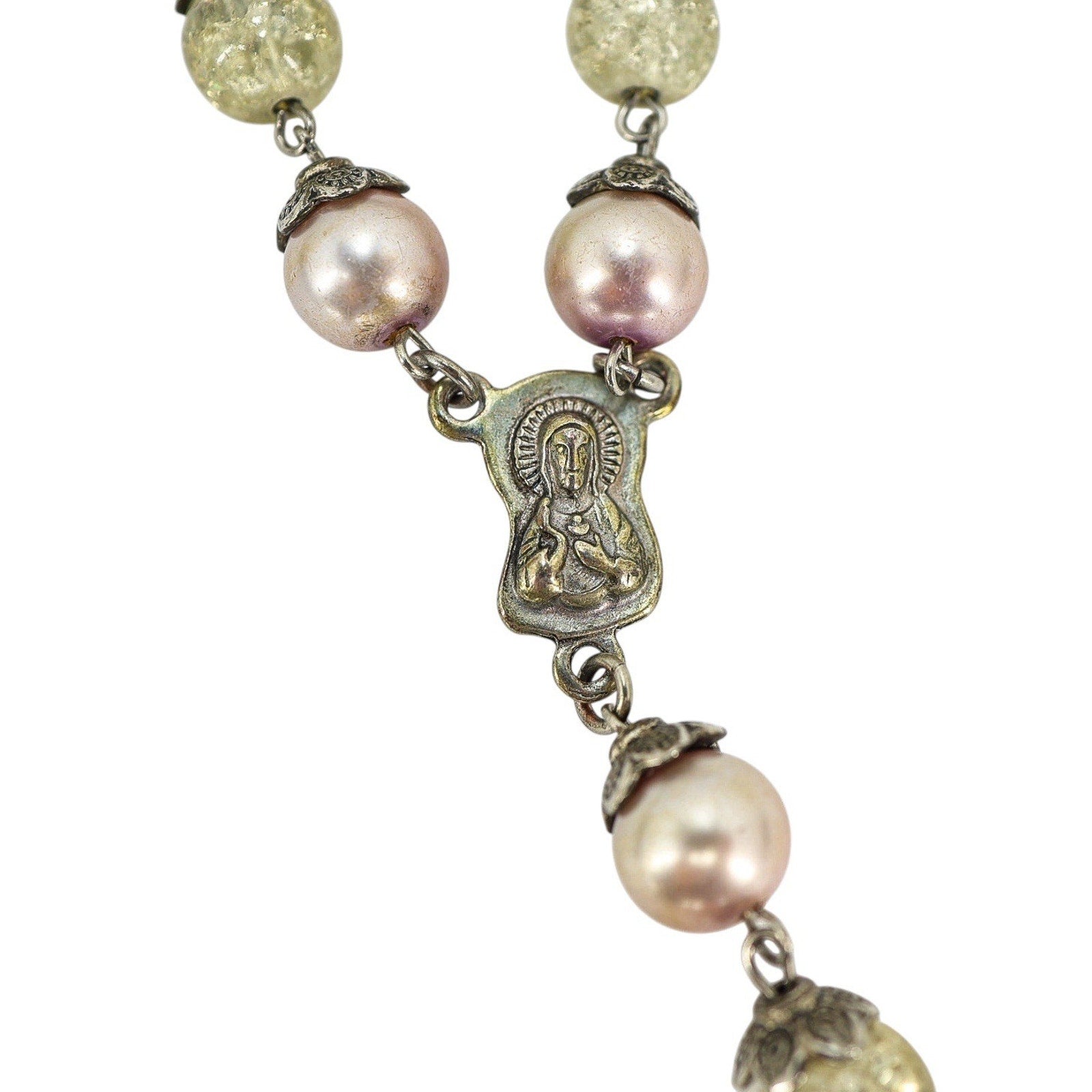 Vintage Large Display Ceremonial Ornate Rosary Faux Pearl & Crackle Glass Beads