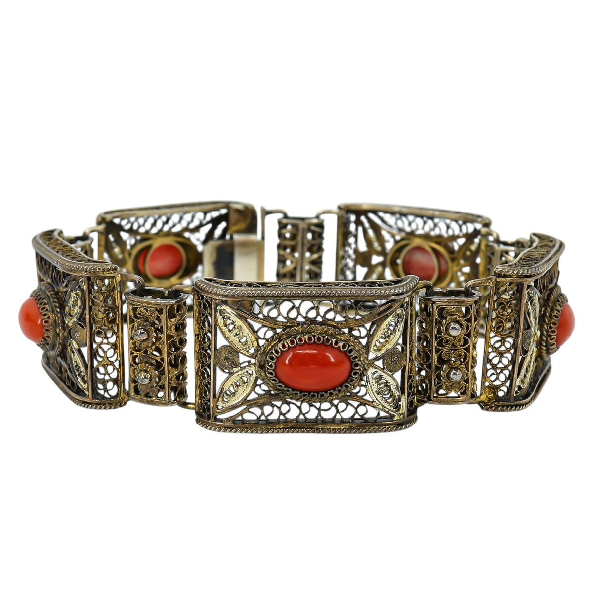 Vintage 1930s Italian Gilded 800 Silver Filigree Bracelet with Natural Coral – Firenze Maker