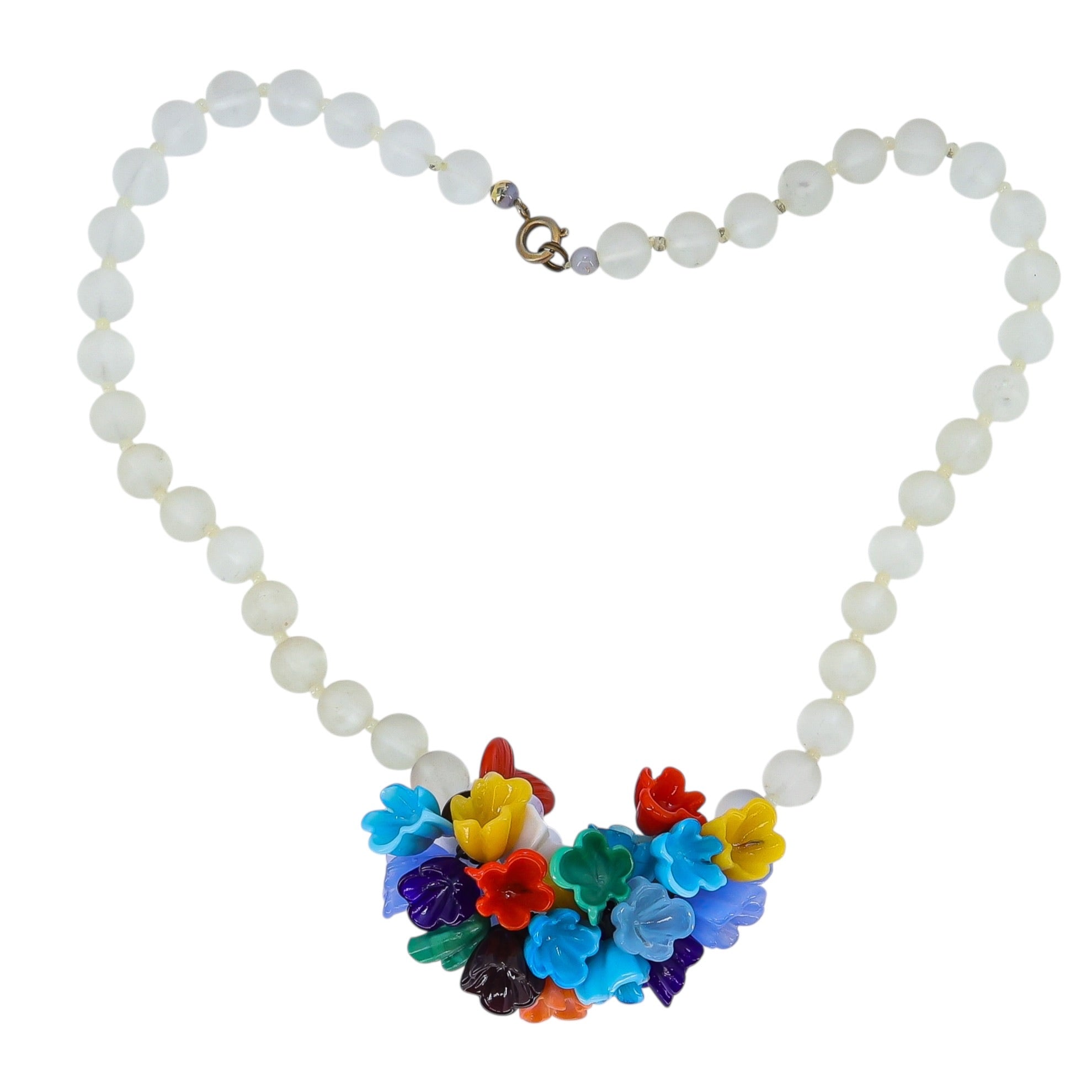 Vintage Italian Czech Glass Flower Necklace Satin Beads Colorful Tulip Cluster 1950s
