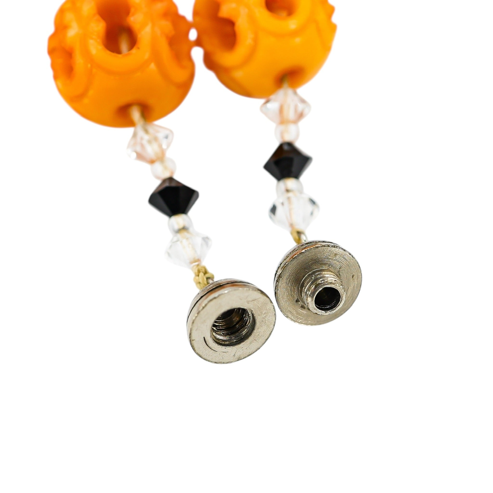 Orange Painted Carved Galalith Beads Openwork Lantern Shape 18.5”