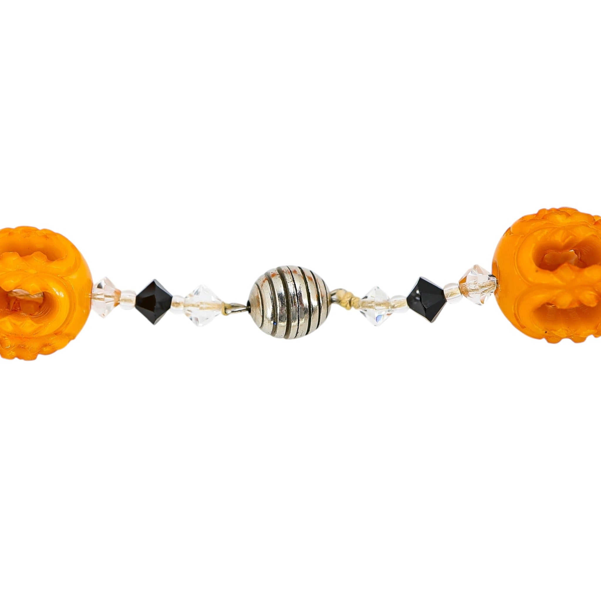 Orange Painted Carved Galalith Beads Openwork Lantern Shape 18.5”