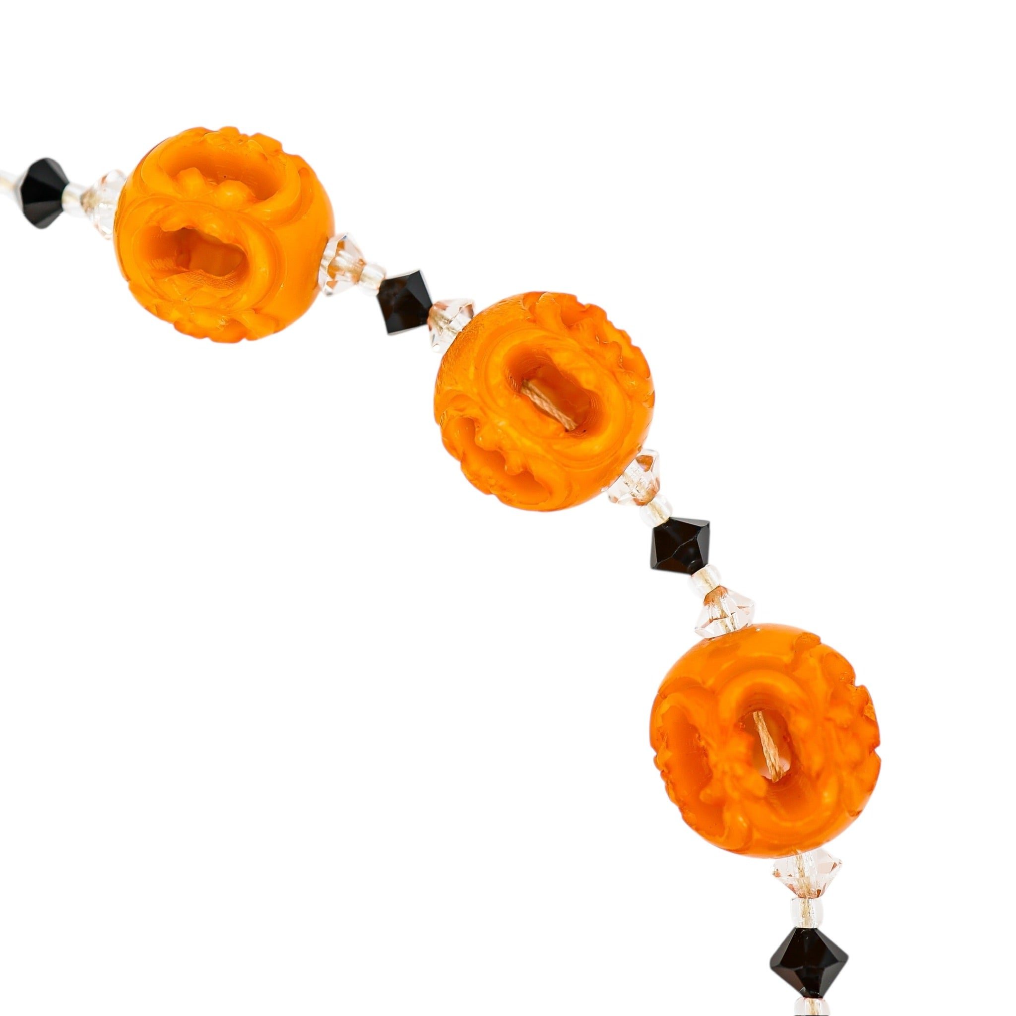 Orange Painted Carved Galalith Beads Openwork Lantern Shape 18.5”