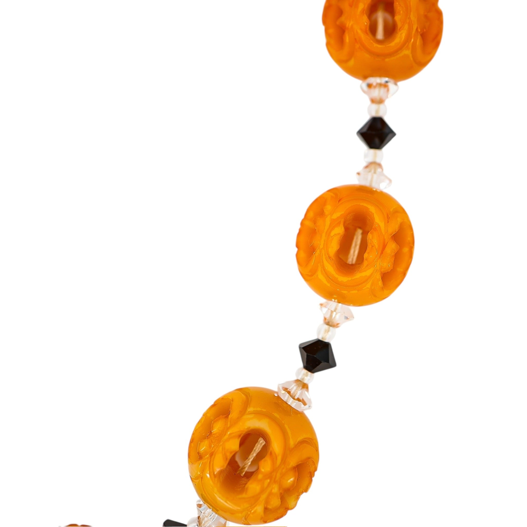 Orange Painted Carved Galalith Beads Openwork Lantern Shape 18.5”