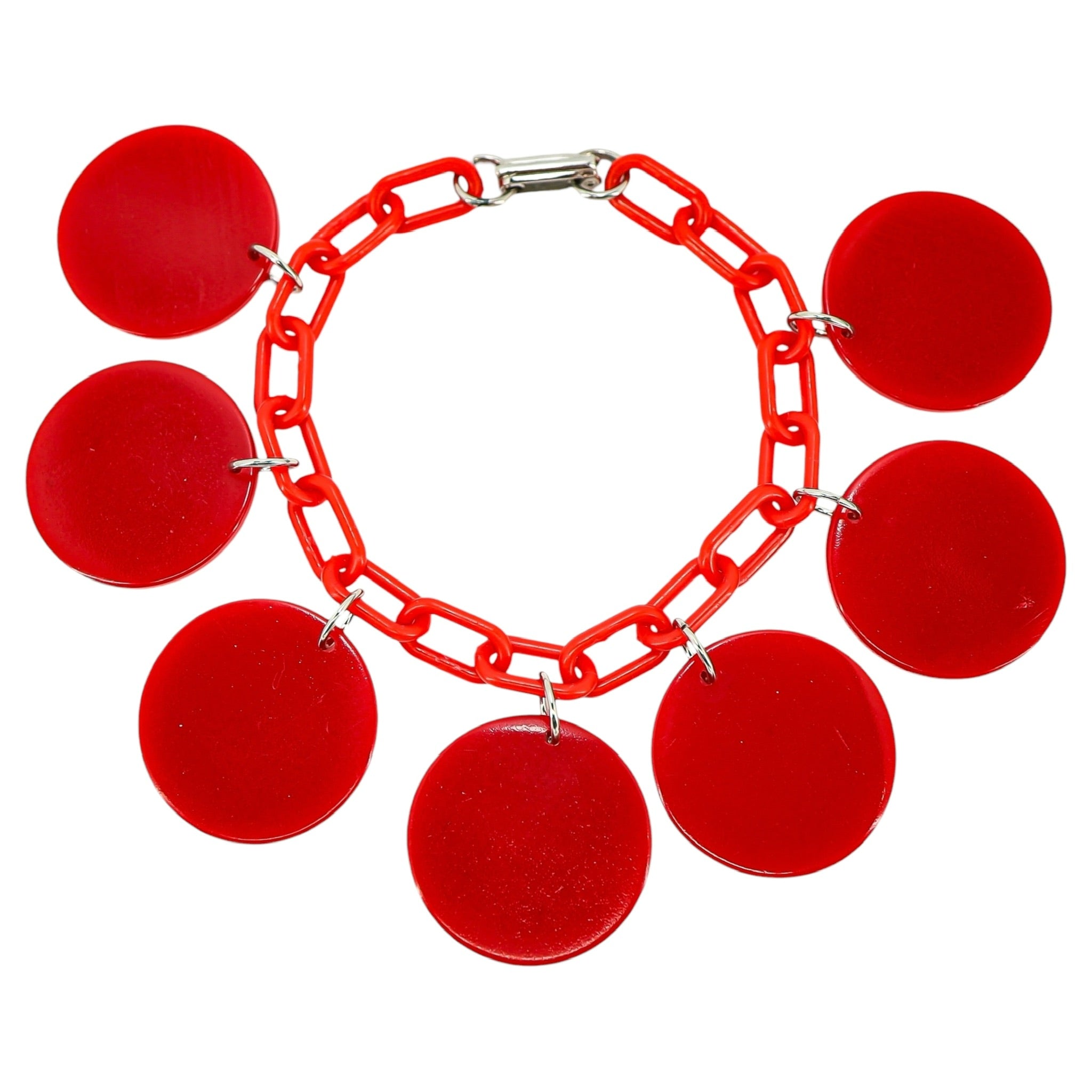 Vintage MOD Red Galalith Disk Charm Bracelet on Plastic Chain – Geometric Statement