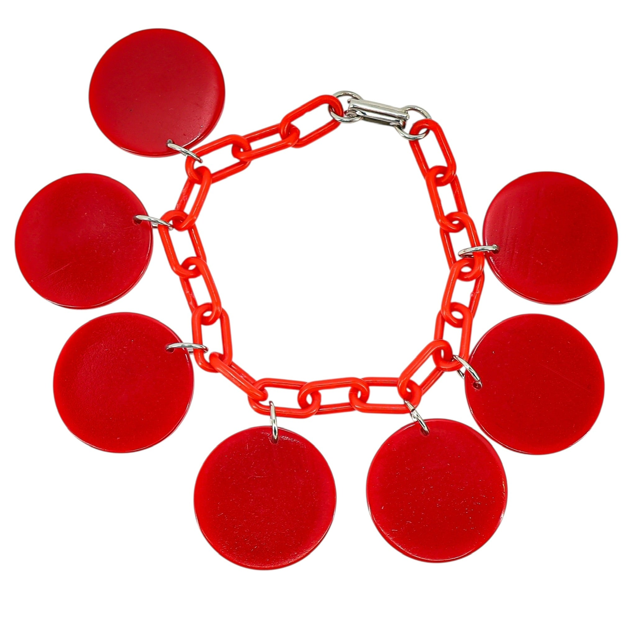 Vintage Red Galalith Disk Charm Bracelet on Plastic Chain – Mod Geometric Statement