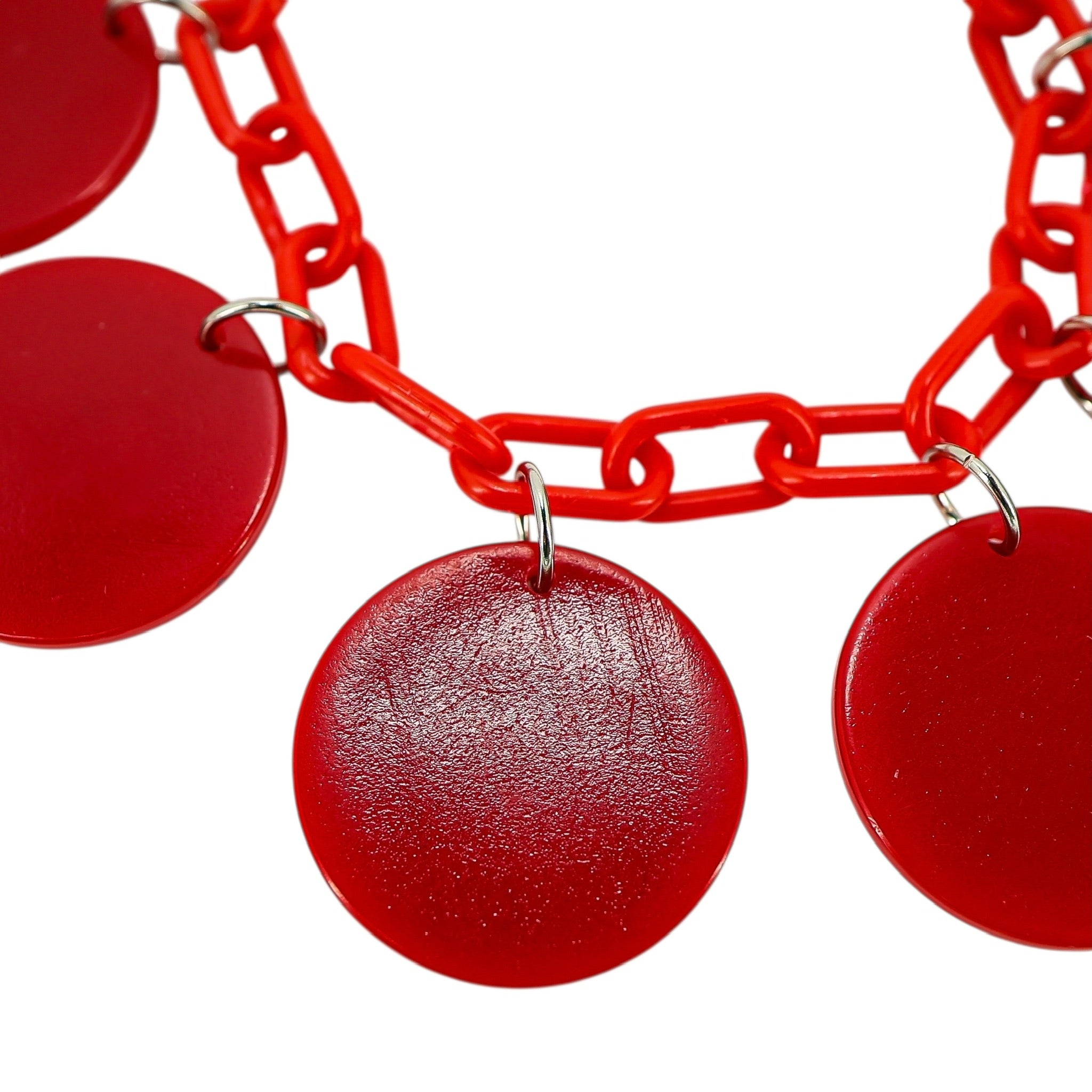 Vintage Red Galalith Disk Charm Bracelet on Plastic Chain – Mod Geometric Statement