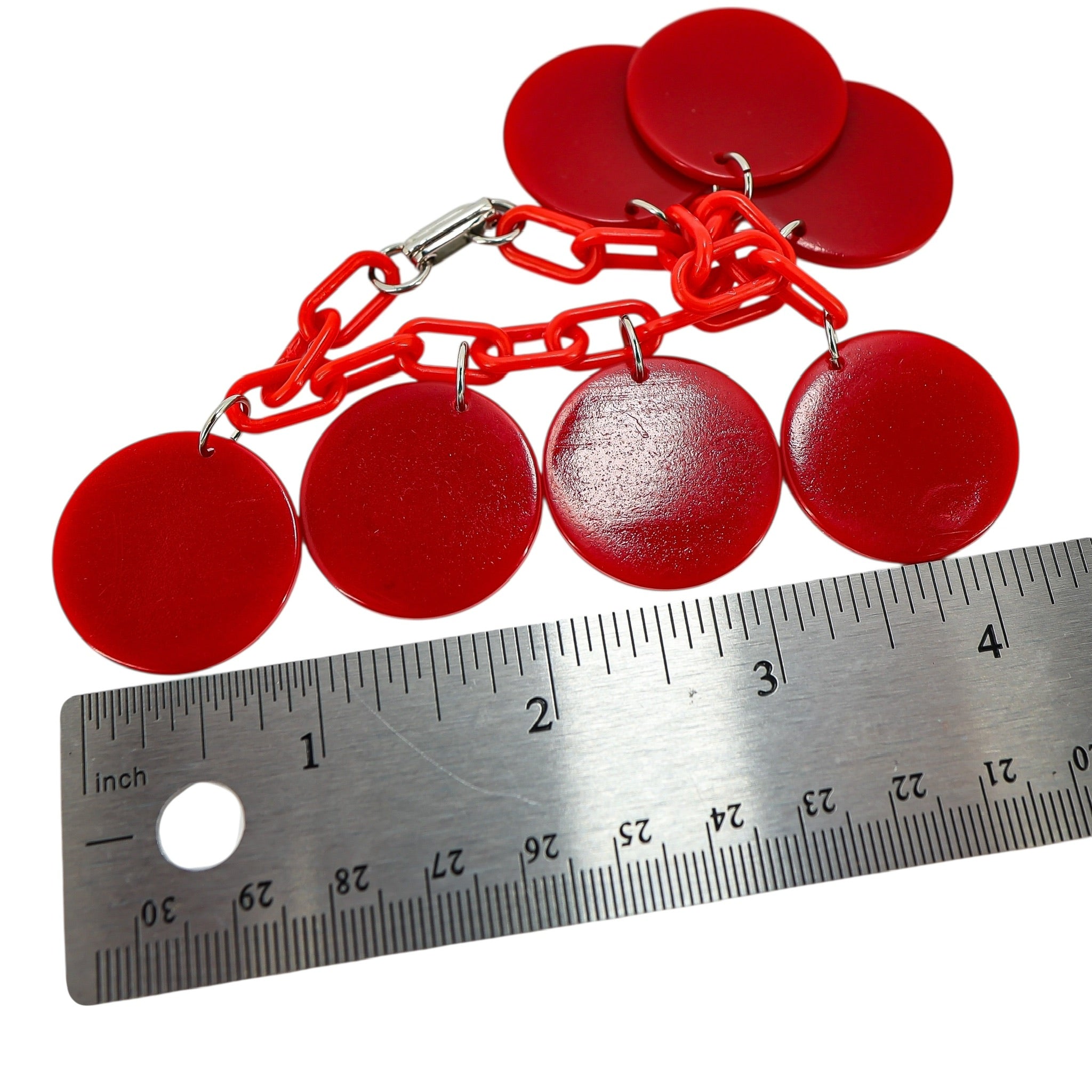 Vintage Red Galalith Disk Charm Bracelet on Plastic Chain – Mod Geometric Statement