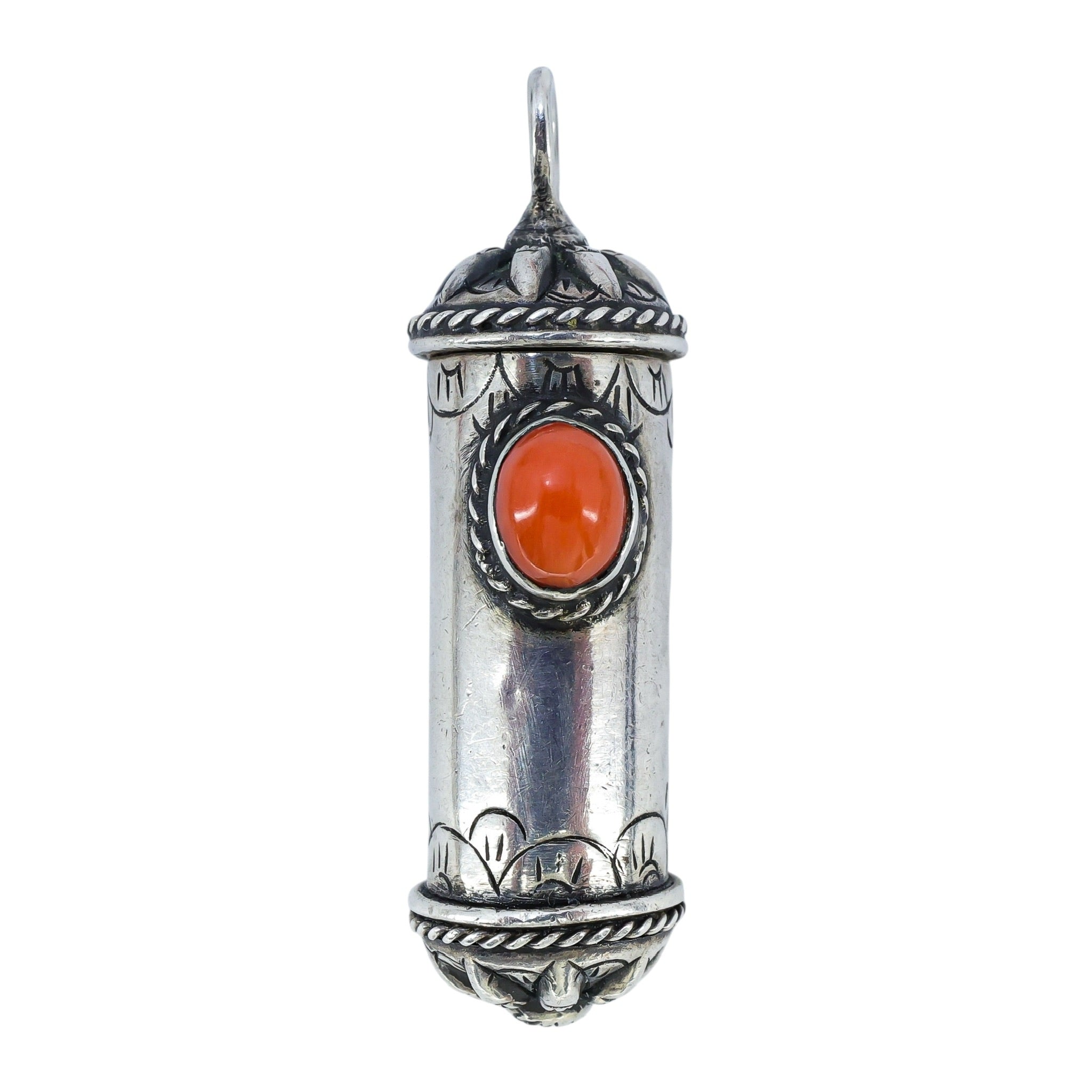 Vintage Silver Ghau Prayer Box Amulet Pendant W Coral Cabochon