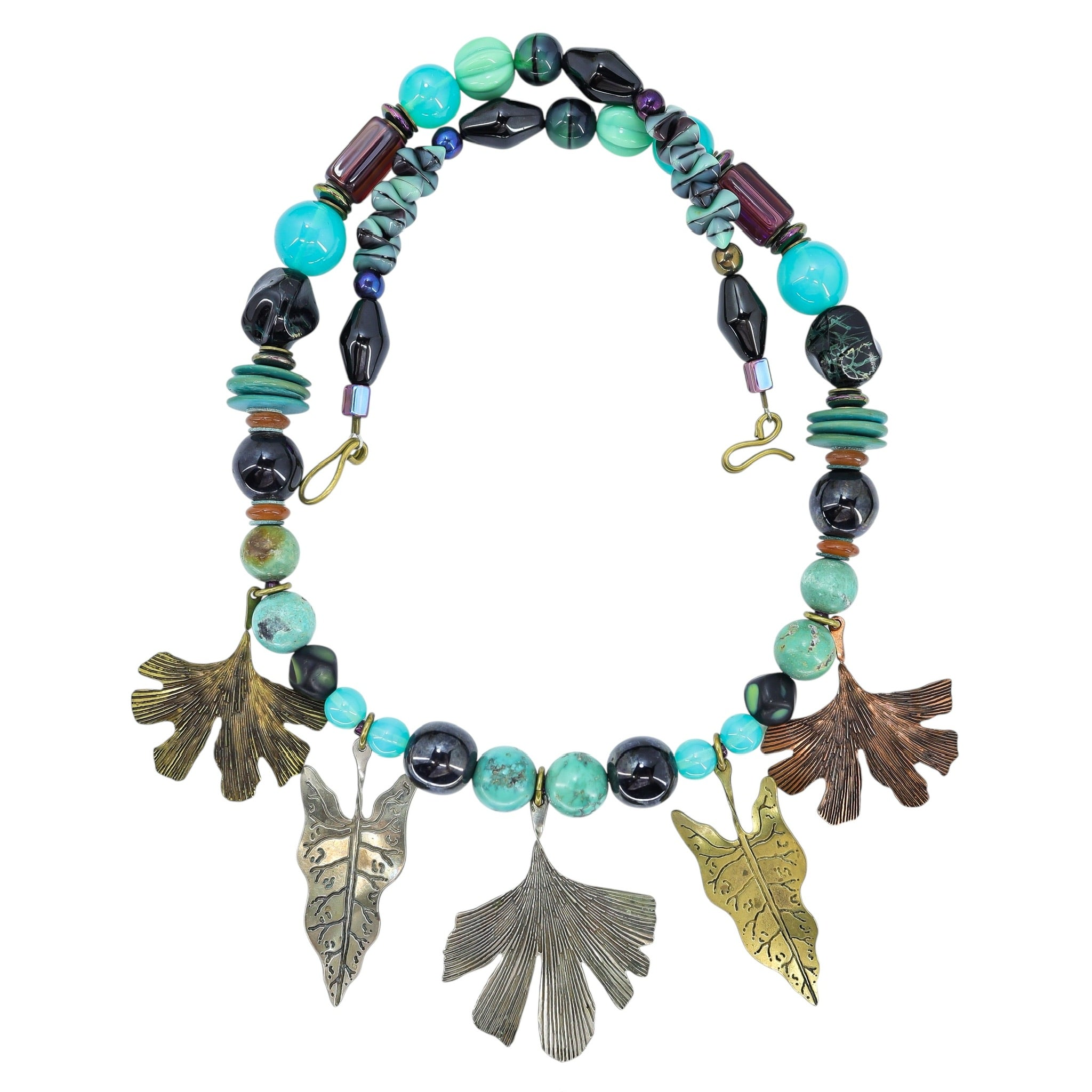 Signed Gicker 1989 Artisan Turquoise Mixed Metal Leaf Art Glass Statement Necklace Studio Craft