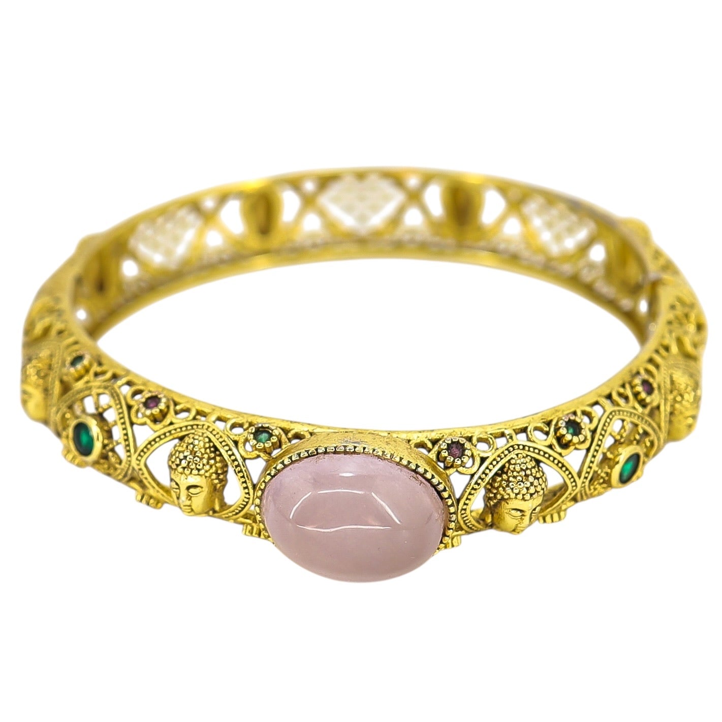 Vintage Hinged Bangle Buddha Motif Gilt Brass Lavender Cabochon Ethnographic Revival