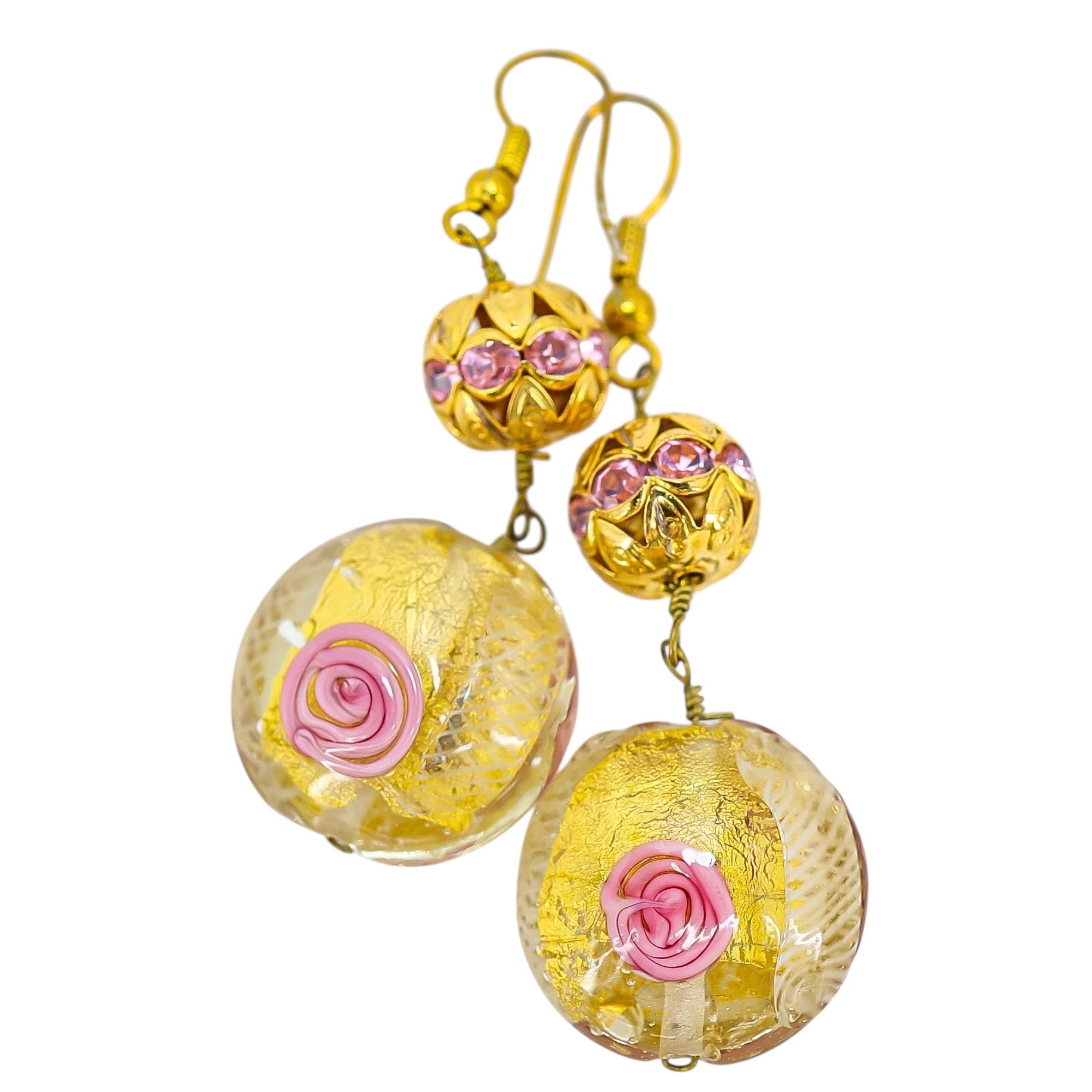 Murano Style Art Glass Bead Earrings - Gold Foil, Latticino Threads, Pink Accents - 2 in