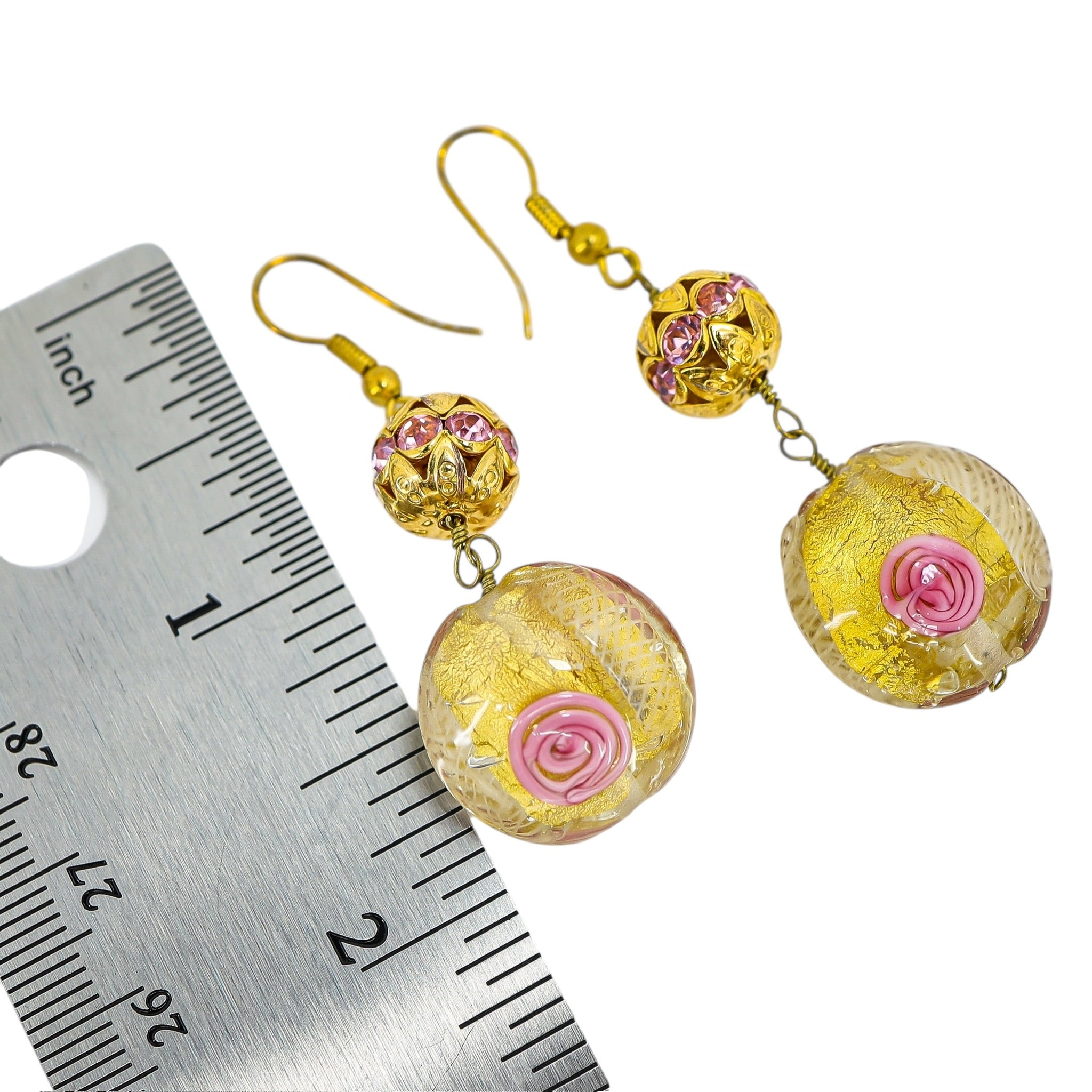 Murano Style Art Glass Bead Earrings - Gold Foil, Latticino Threads, Pink Accents - 2 in