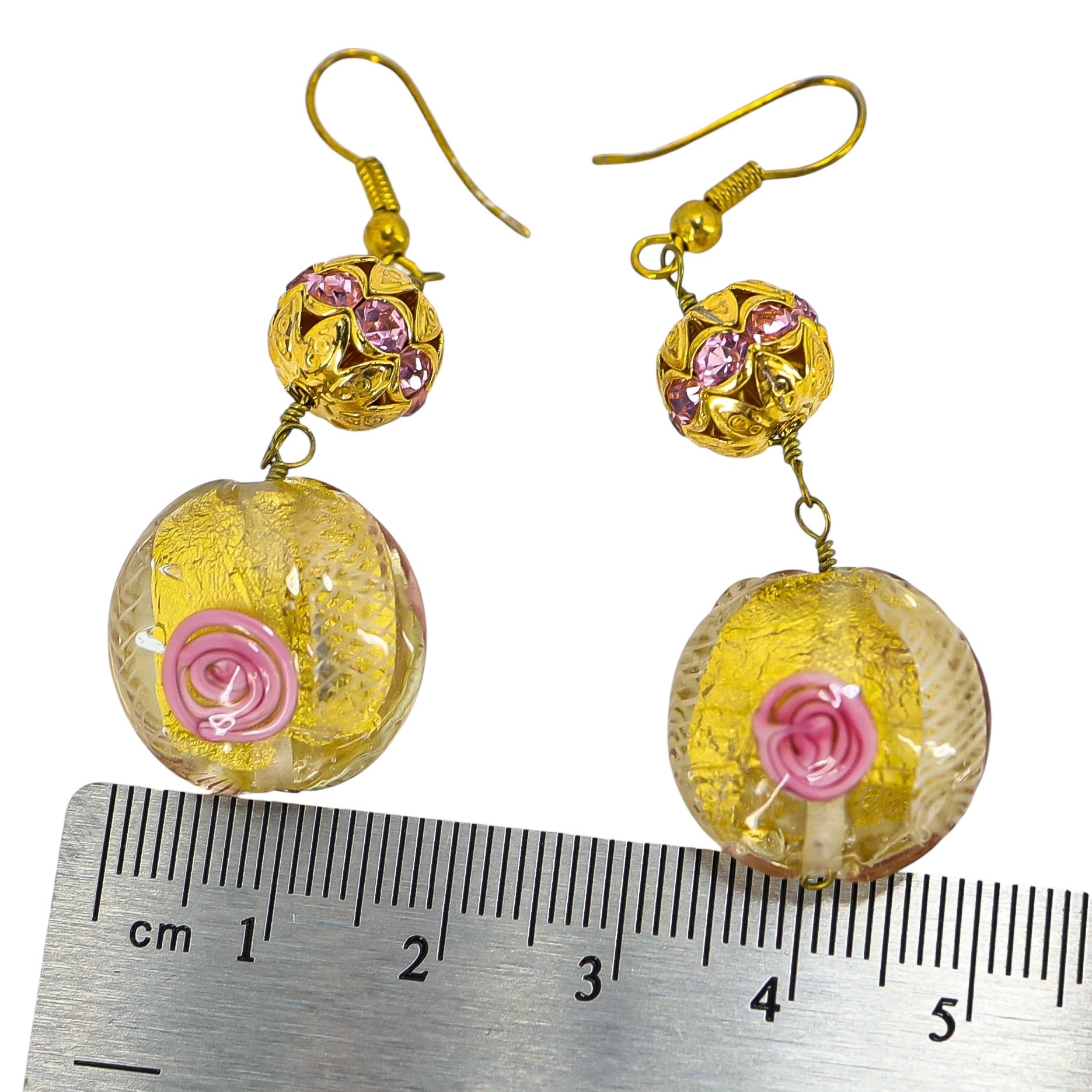 Murano Style Art Glass Bead Earrings - Gold Foil, Latticino Threads, Pink Accents - 2 in