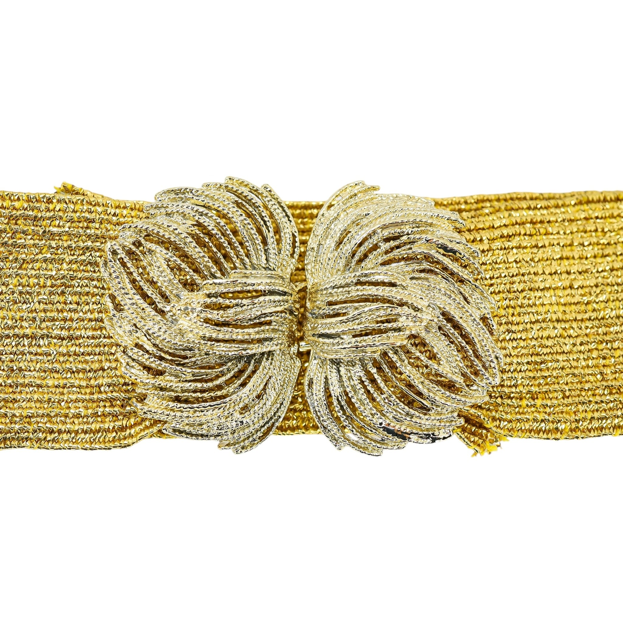 MCM Glamorous Gold Metallic Knit Stretch Belt Statement Bow Clasp Wide Elastic 28”