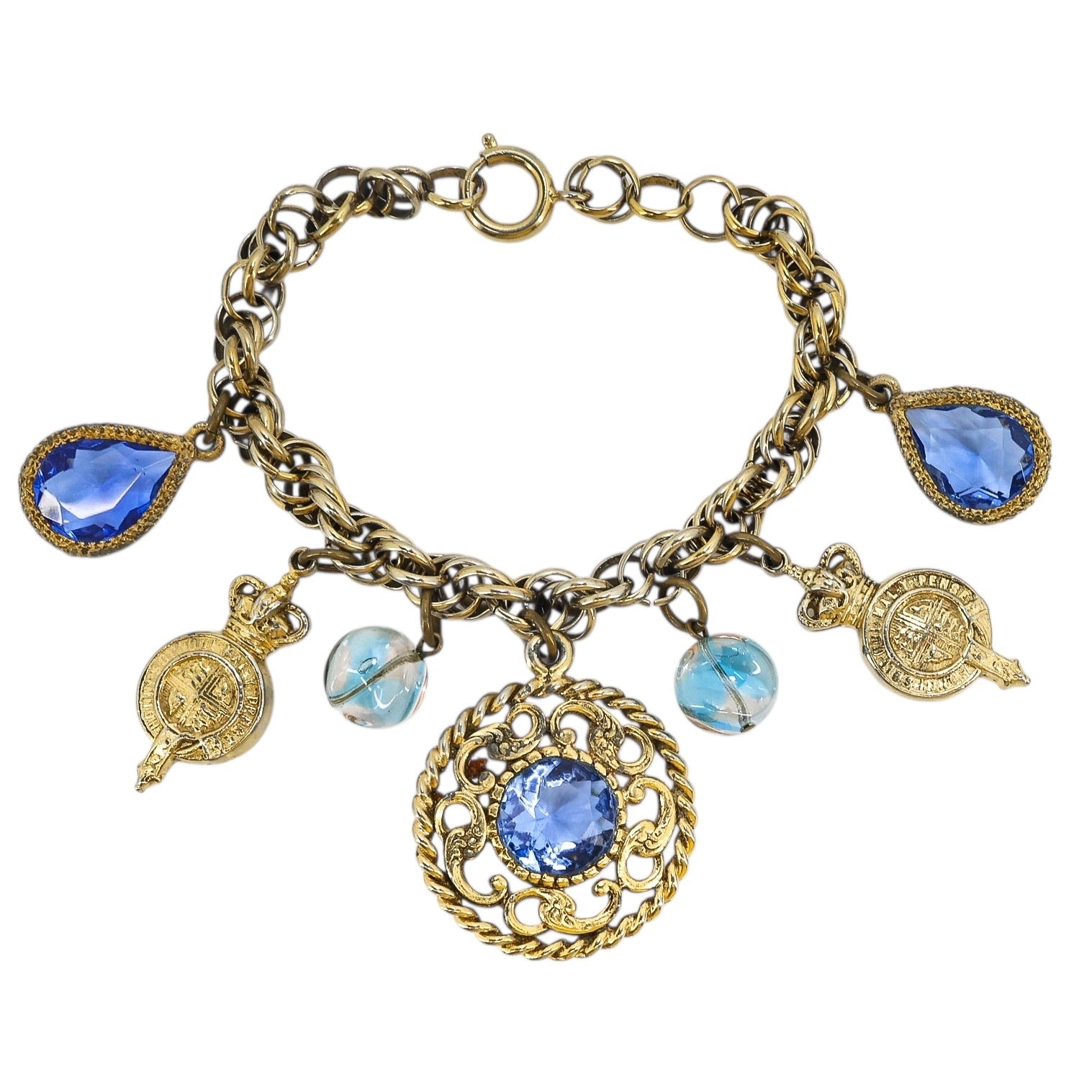 Vintage 1950s Gold Tone Blue Glass Bracelet Regal Garter Charms Germany
