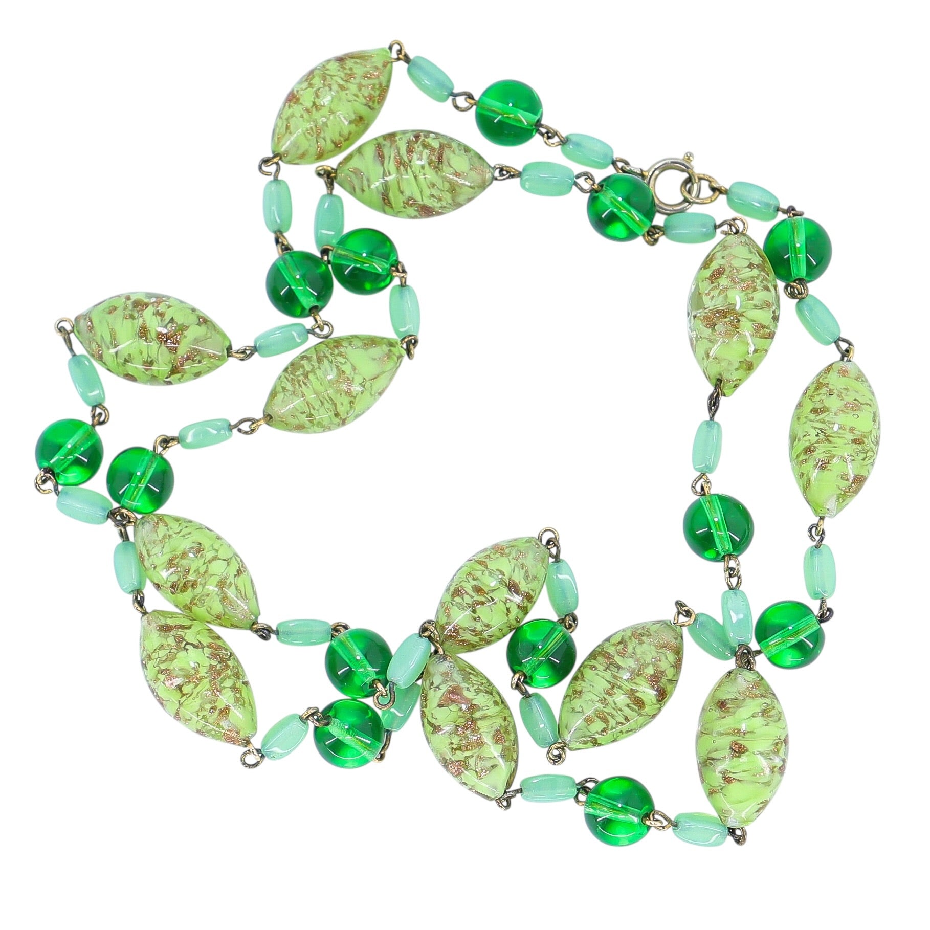 Vintage Murano Green Aventurine Sommerso Art Glass Necklace Copper Flecks 33 In