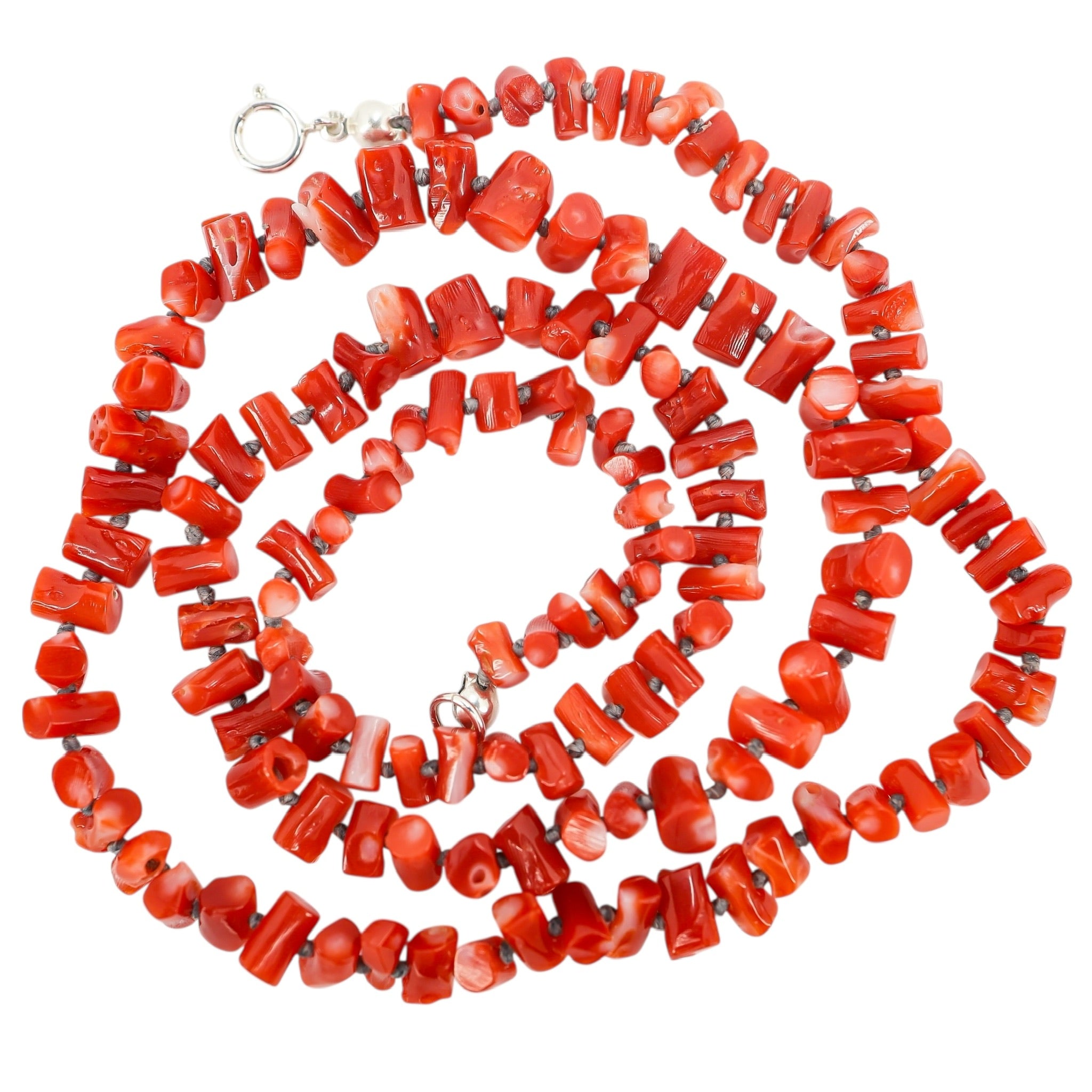Handknotted Natural Branch Coral Necklace 20" 16G Boho Sterling Clasp