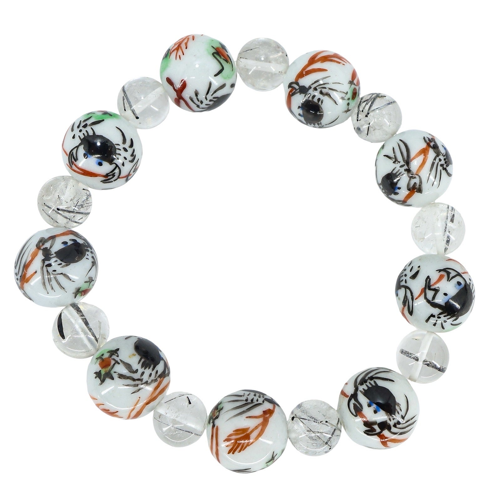 Hand Painted Porcelain Crab Motif & Tourmalinated Quartz Bead Bracelet