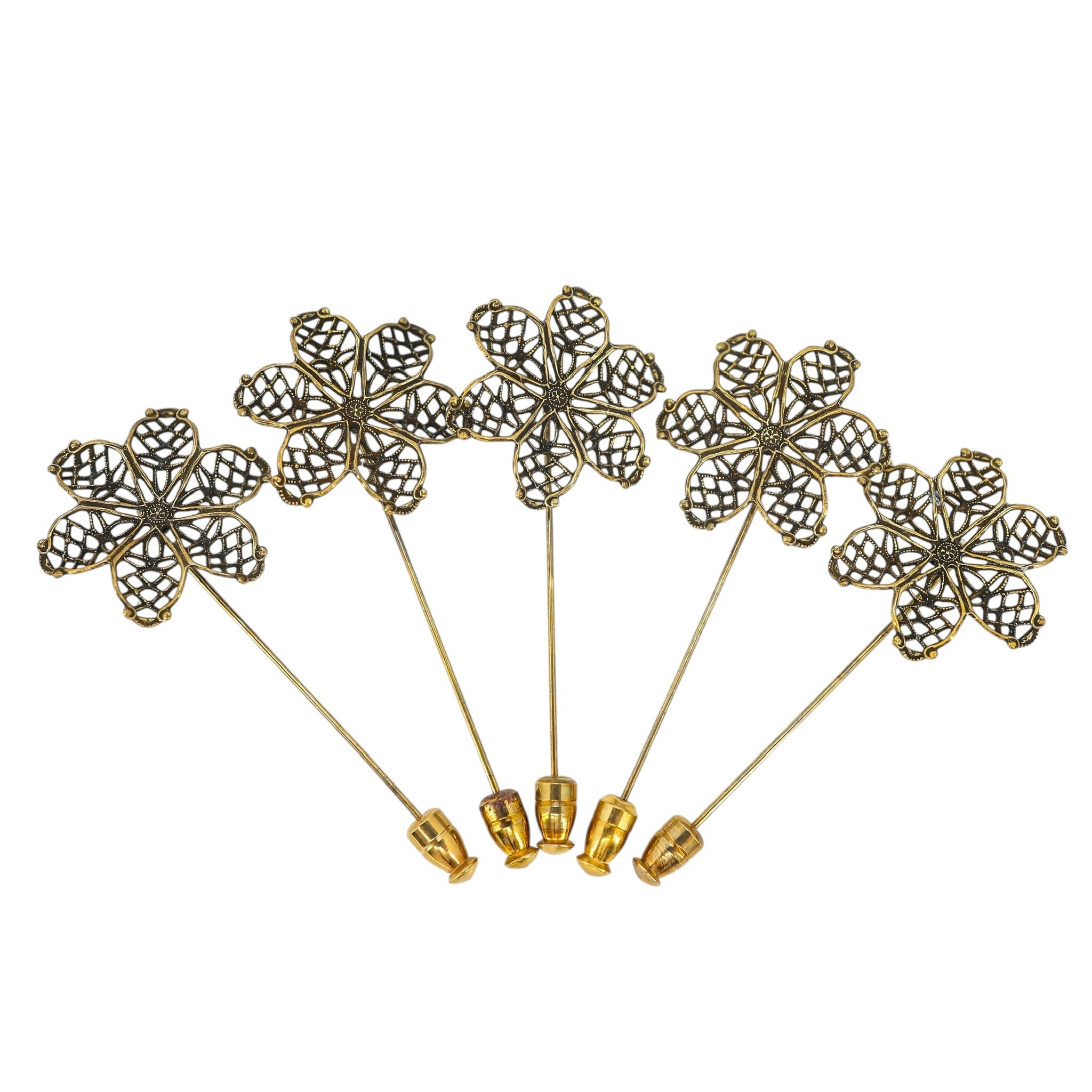 Lot Set of 5 Matching Floral Mid Century Hat Pins - Ornate Filigree Flowers