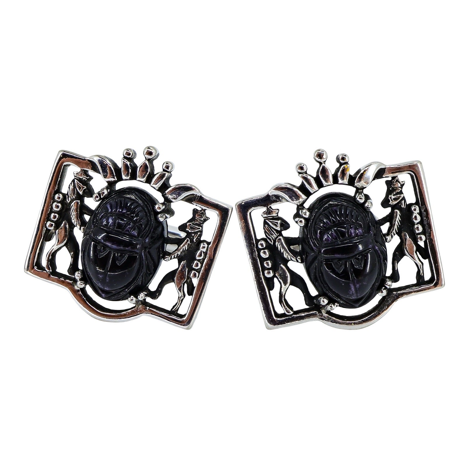 Vintage Mid Century Hickok USA Egyptian Revival Black Glass Scarab Cufflinks
