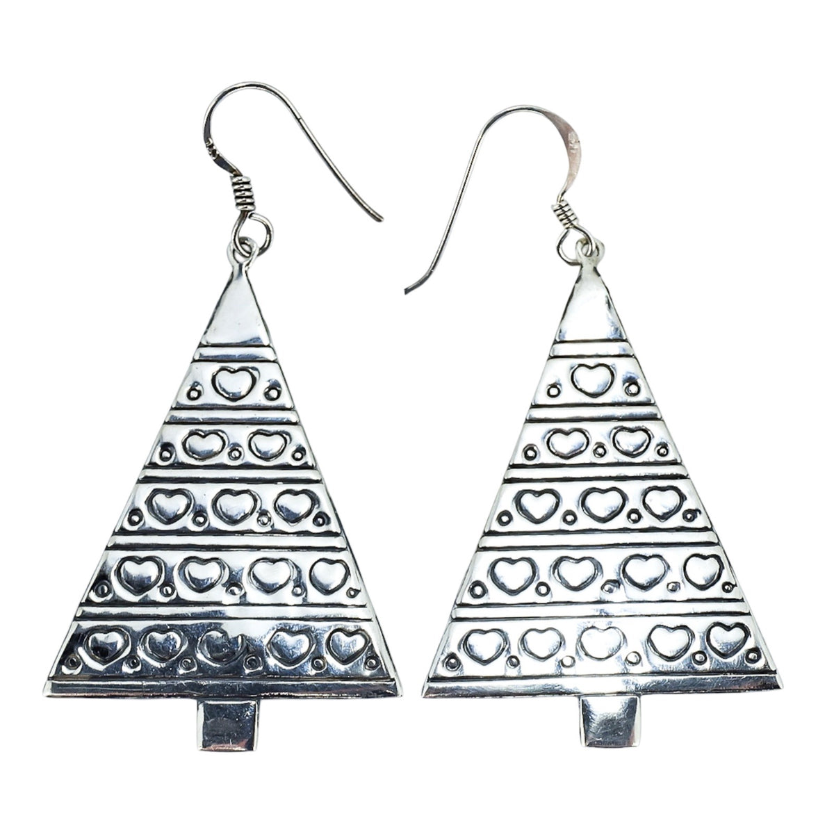 Vintage 925 Sterling Silver Christmas Tree Heart Dangle Earrings PAJ 2 3/8”