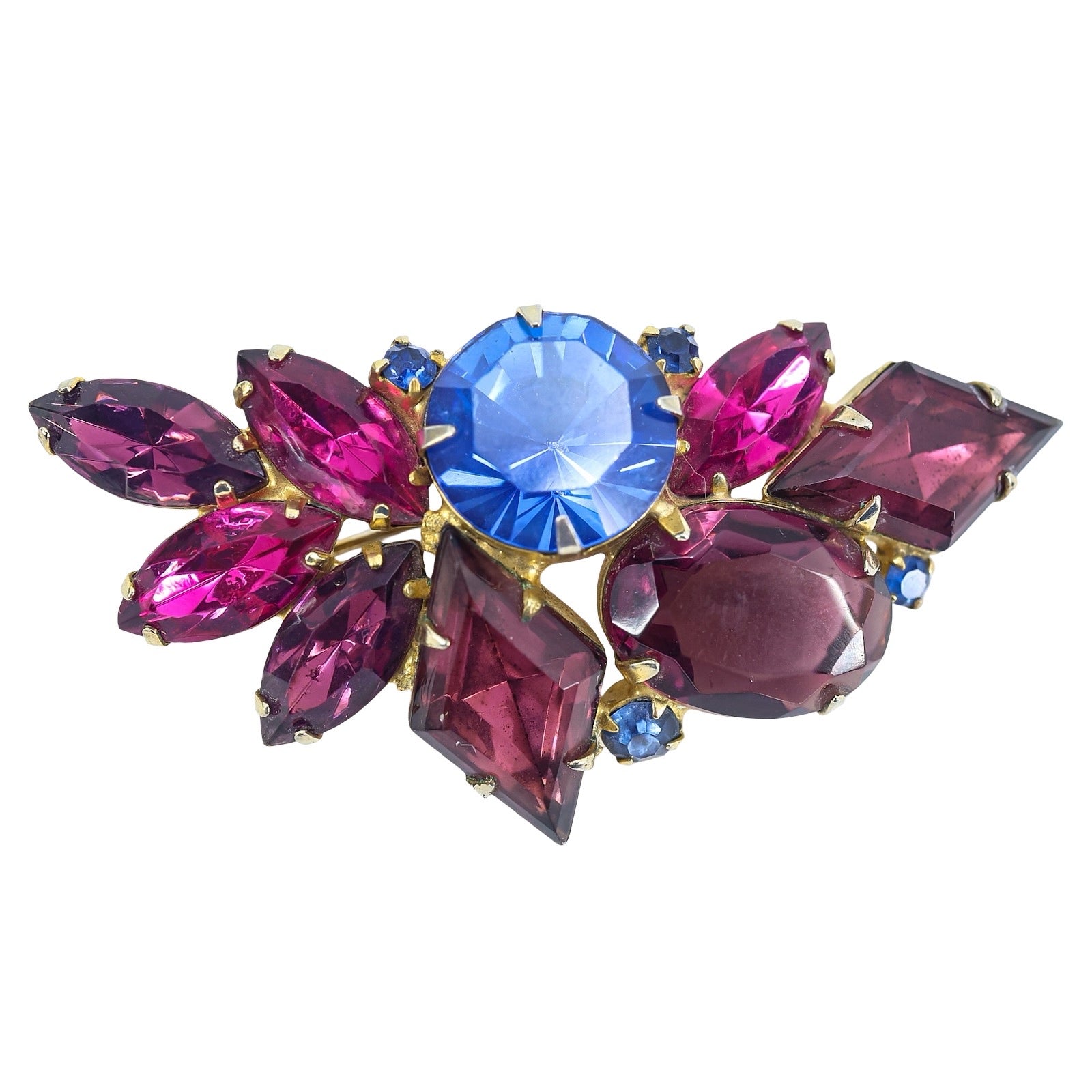 Juliana D&E Rhinestone Brooch Fuchsia Purple And Blue 2.5"