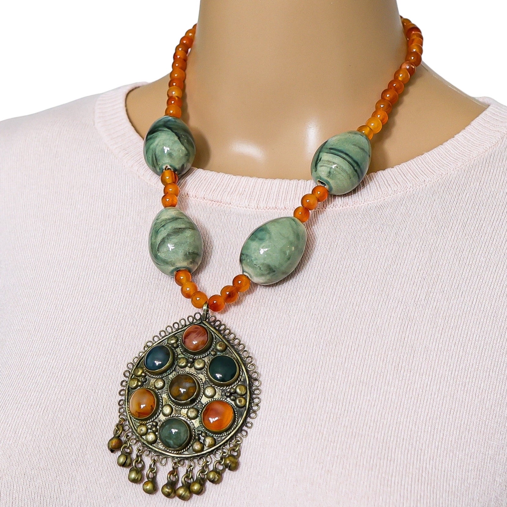 Maximalist Boho Kuchi-Style Pendant Necklace Sardonyx & Green Ceramic Beads
