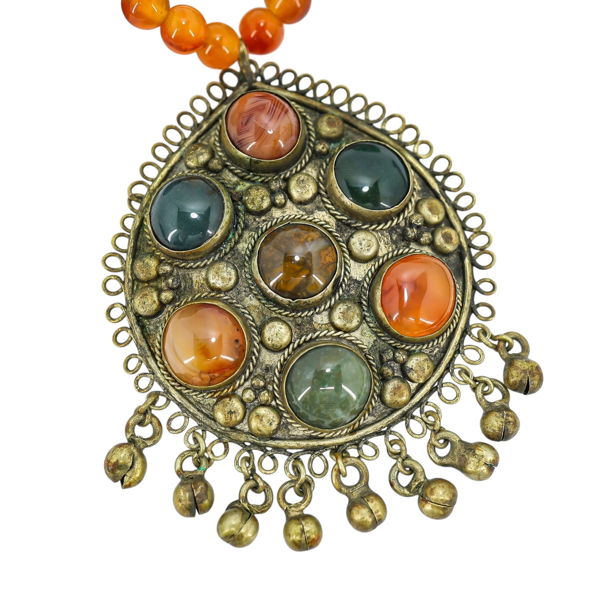 Maximalist Boho Kuchi-Style Pendant Necklace Sardonyx & Green Ceramic Beads