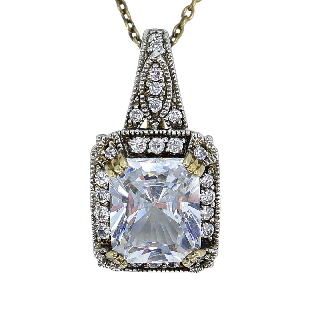 Large Statement Cubic Zirconia Vermeil Pendant Necklace - Art Deco Revival Style