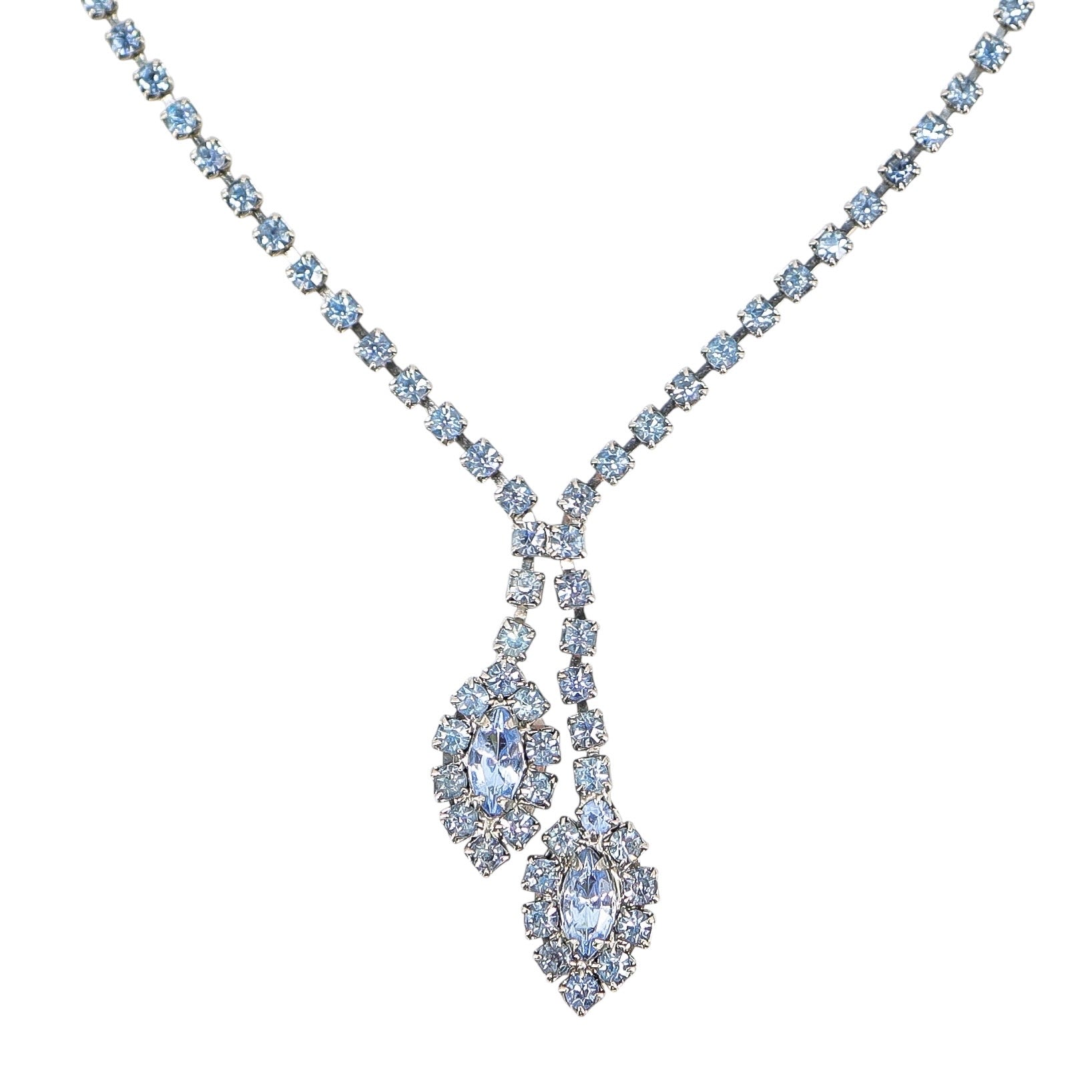 Vintage Light Blue Rhinestone Necklace Leaf Y Drop 16"