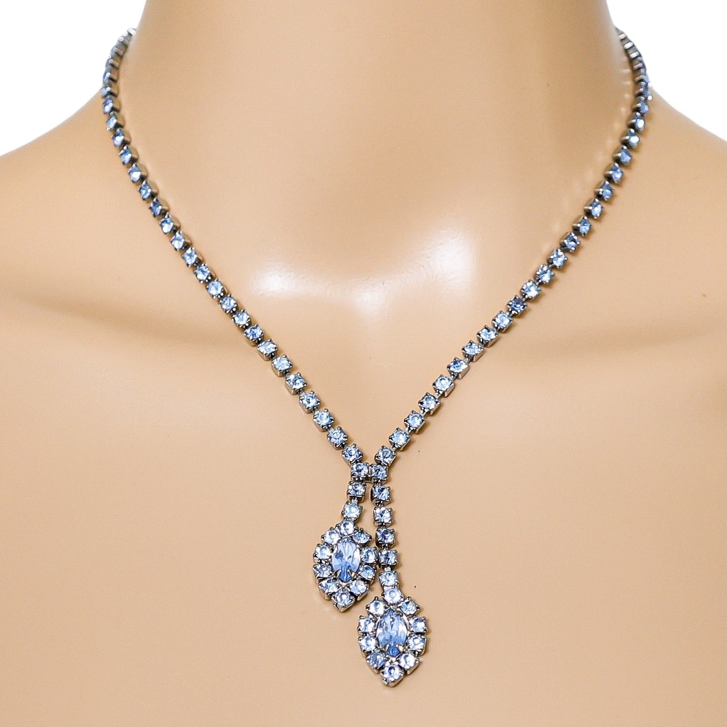 Vintage Light Blue Rhinestone Necklace Leaf Y Drop 16"