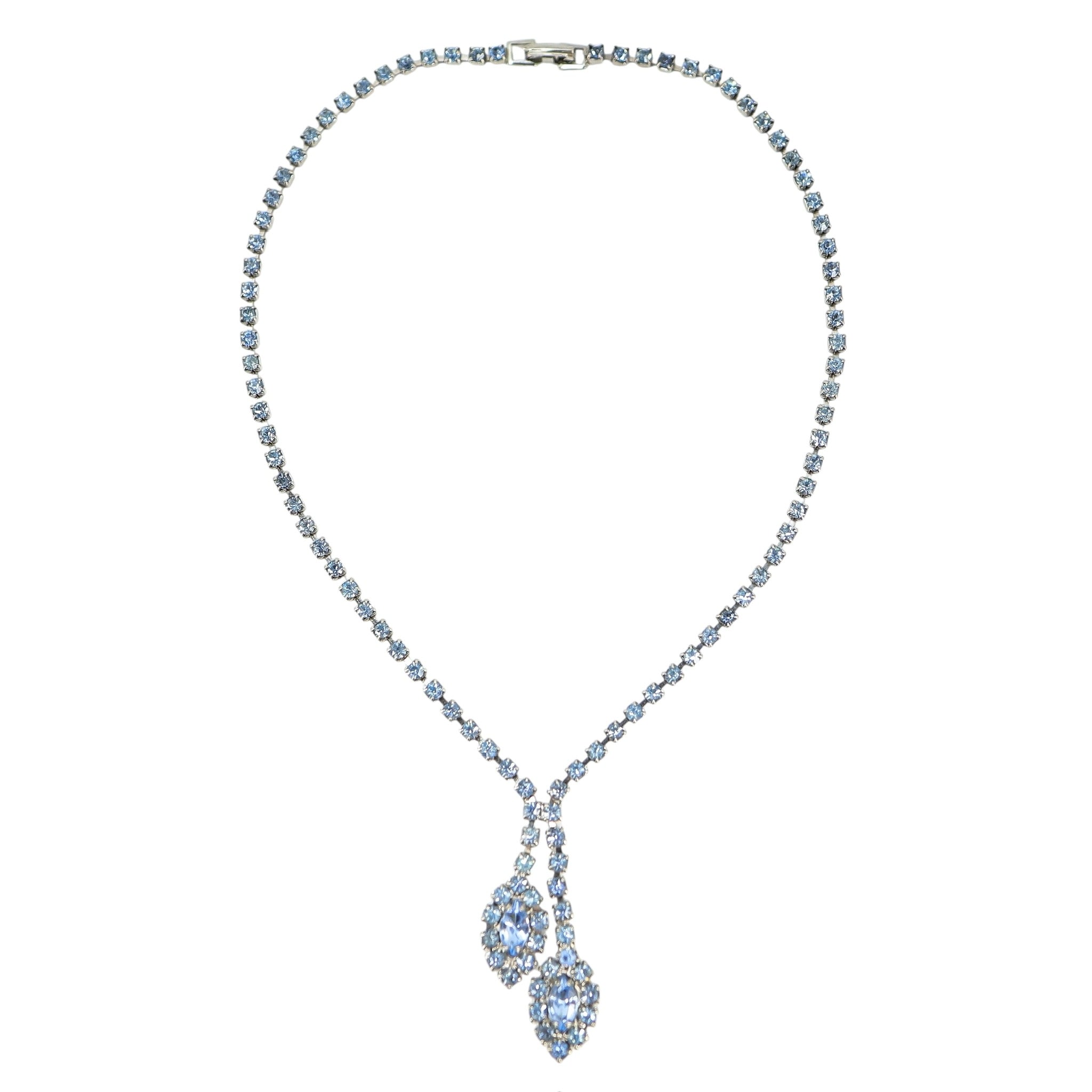 Vintage Light Blue Rhinestone Necklace Leaf Y Drop 16"
