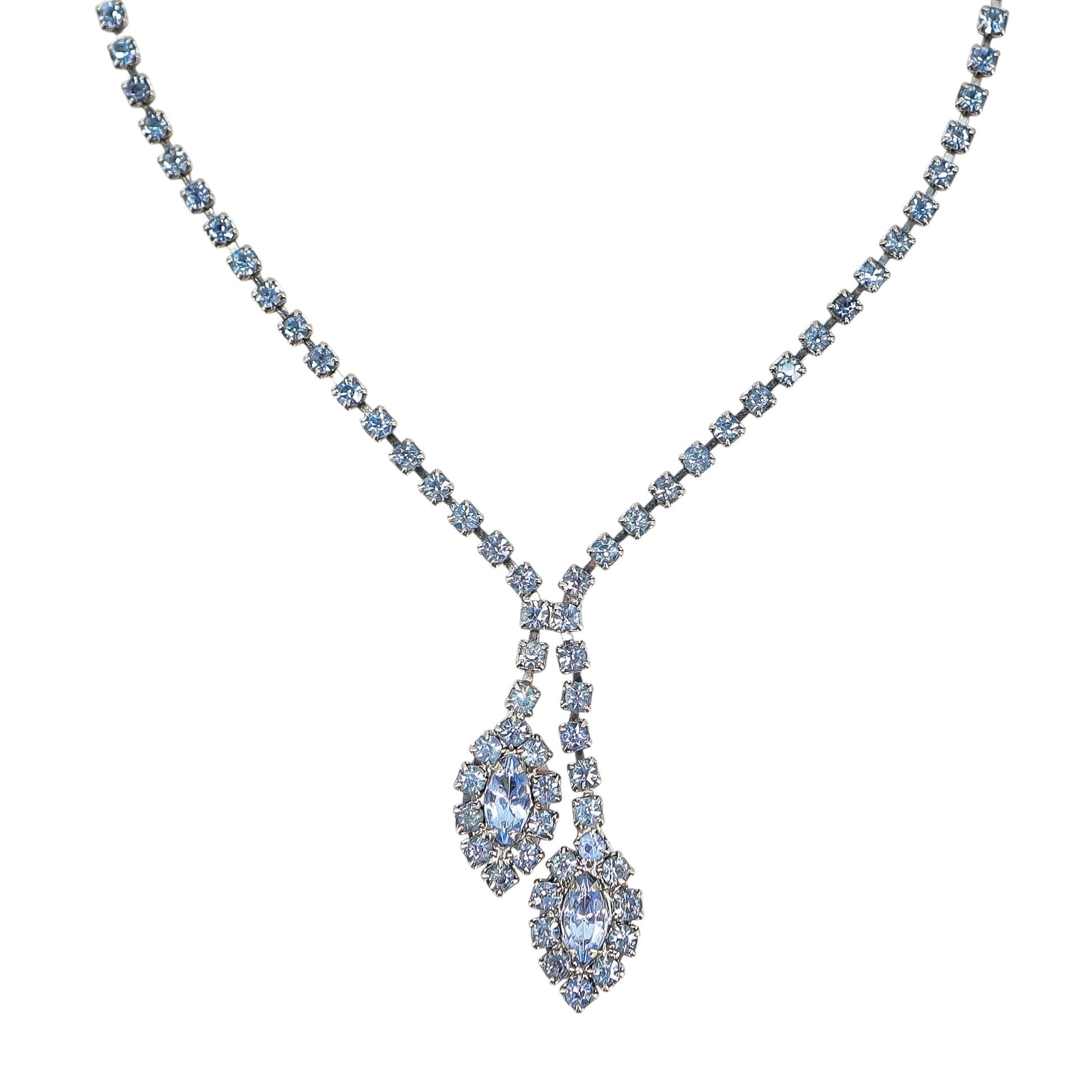 Vintage Light Blue Rhinestone Necklace Leaf Y Drop 16"