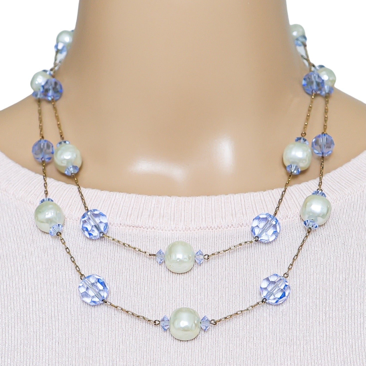 Signed Lisner 2 Strand Station - Blue Glass & Faux Pearl Necklace