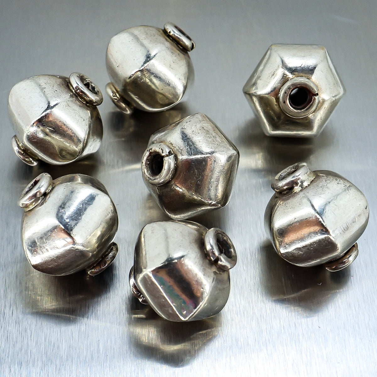 Lot Set Of 7 Vintage Handmade Solid Silver Hexagonal Cross Section Beads