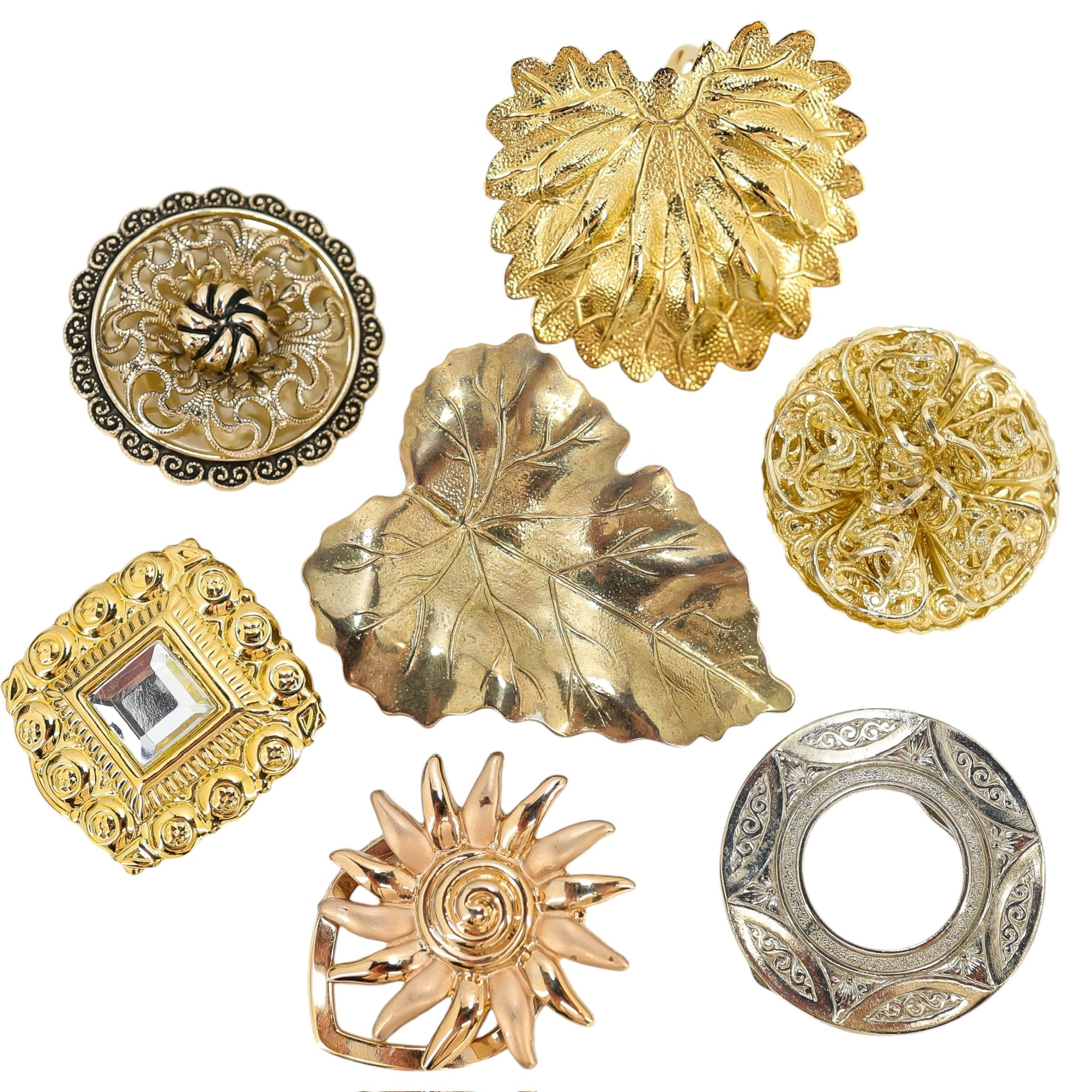 Lot of 7 Vintage Scarf Clips Gold Tone Leaf Filigree Sunburst Art Deco Styles
