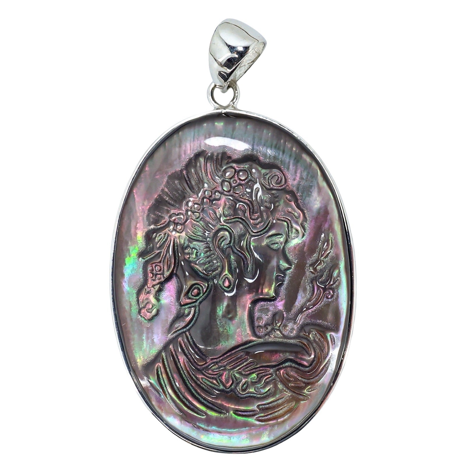 Lucas Lameth Sterling Silver Carved Black Lip Shell Cameo Pendant 1.8”
