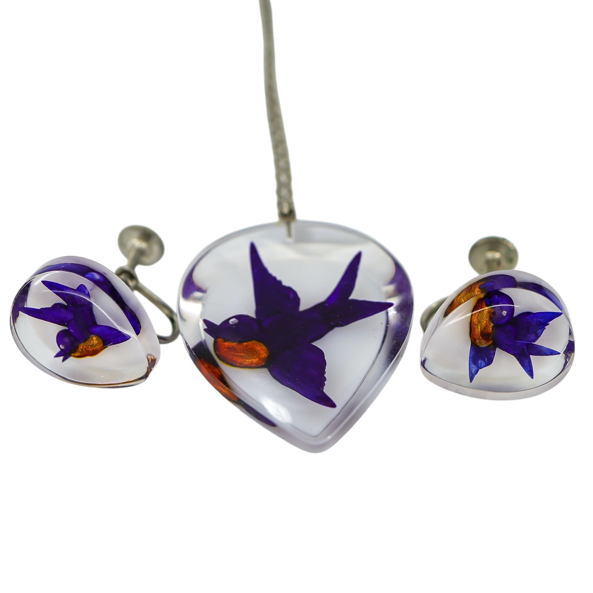 Vintage Lucite Bird Pendant Necklace & Earrings Set – Reverse-Carved / Embedded Design