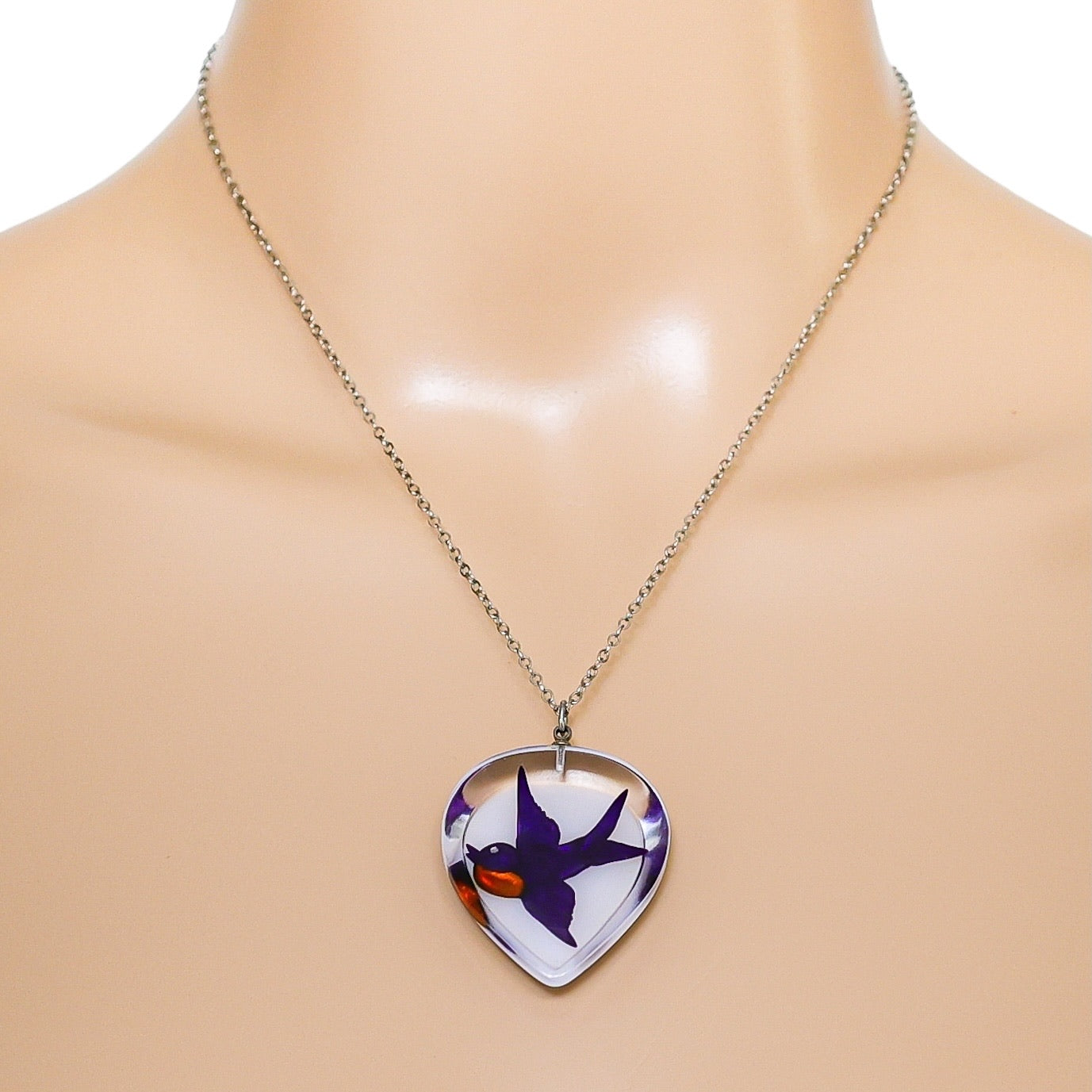 Vintage Lucite Bird Pendant Necklace & Earrings Set – Reverse-Carved / Embedded Design