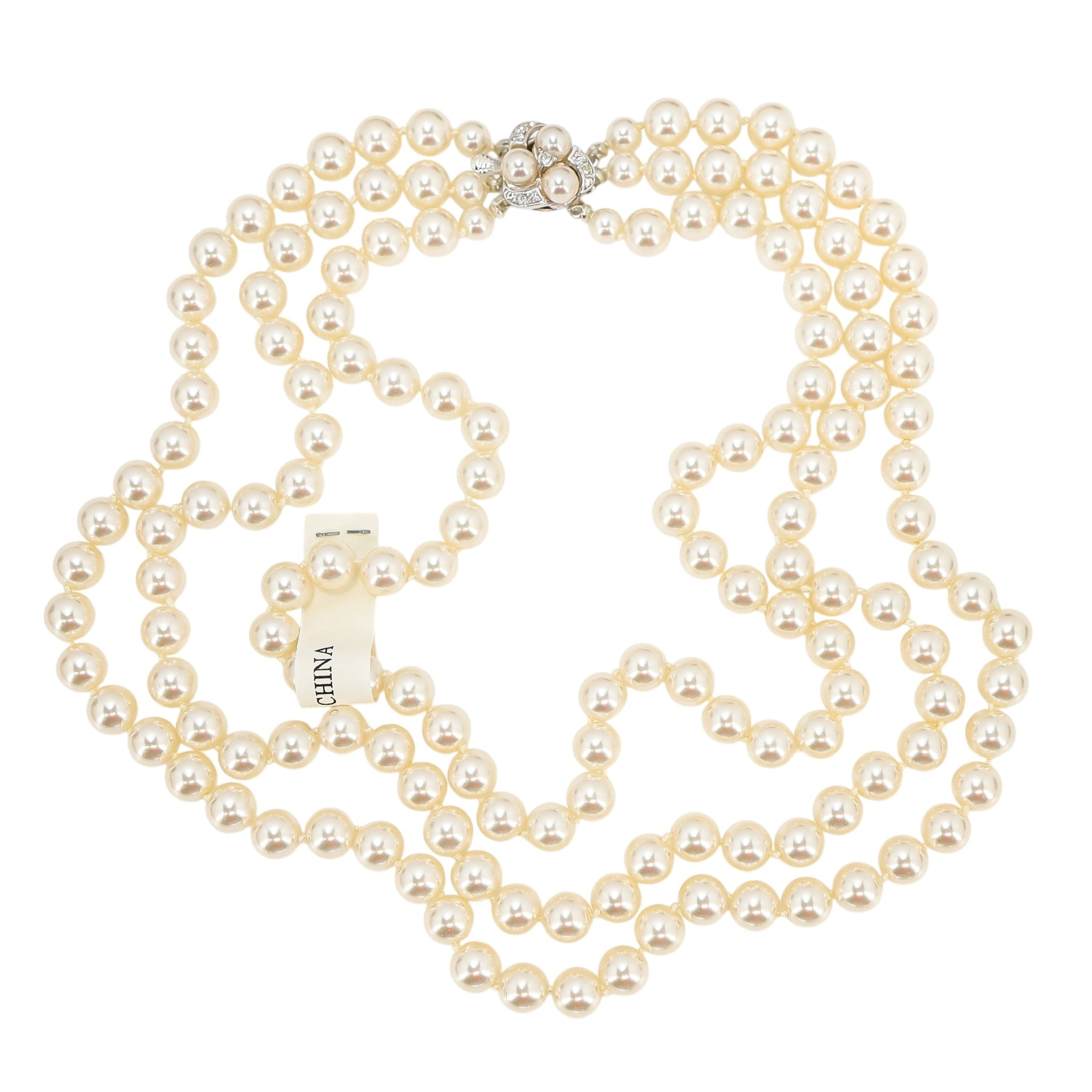 Classic Triple-Strand Glass Pearl Choker Necklace with Ornate Box Clasp - New Old Stock