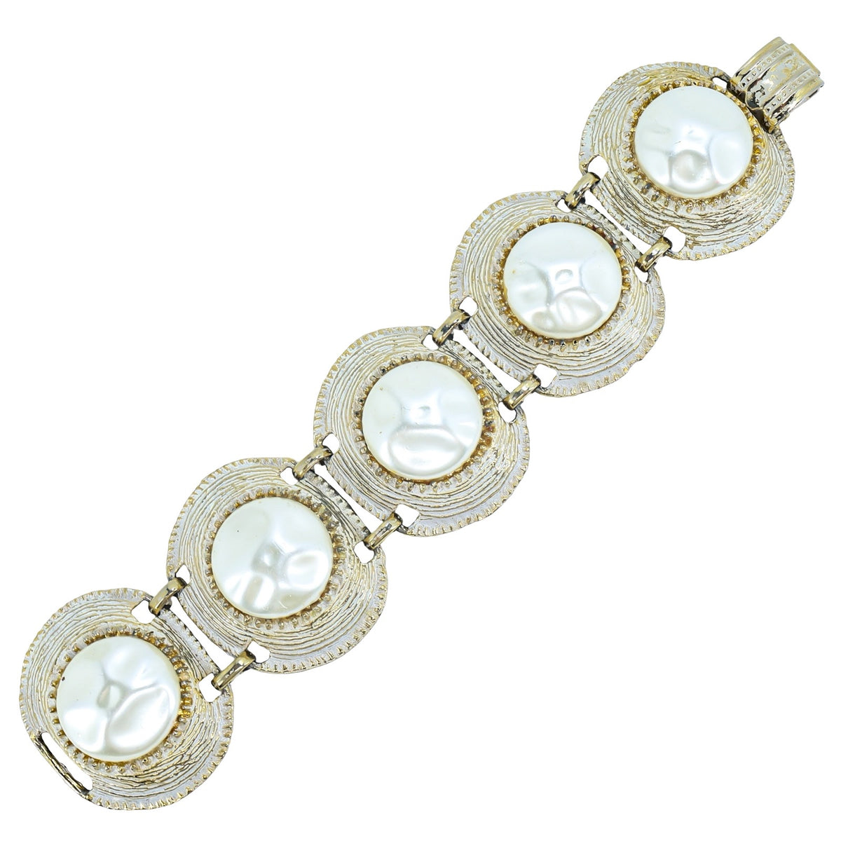 MCM ca 1960s White Over Gold And Faux Baroque Pearl Statement Panel Bracelet