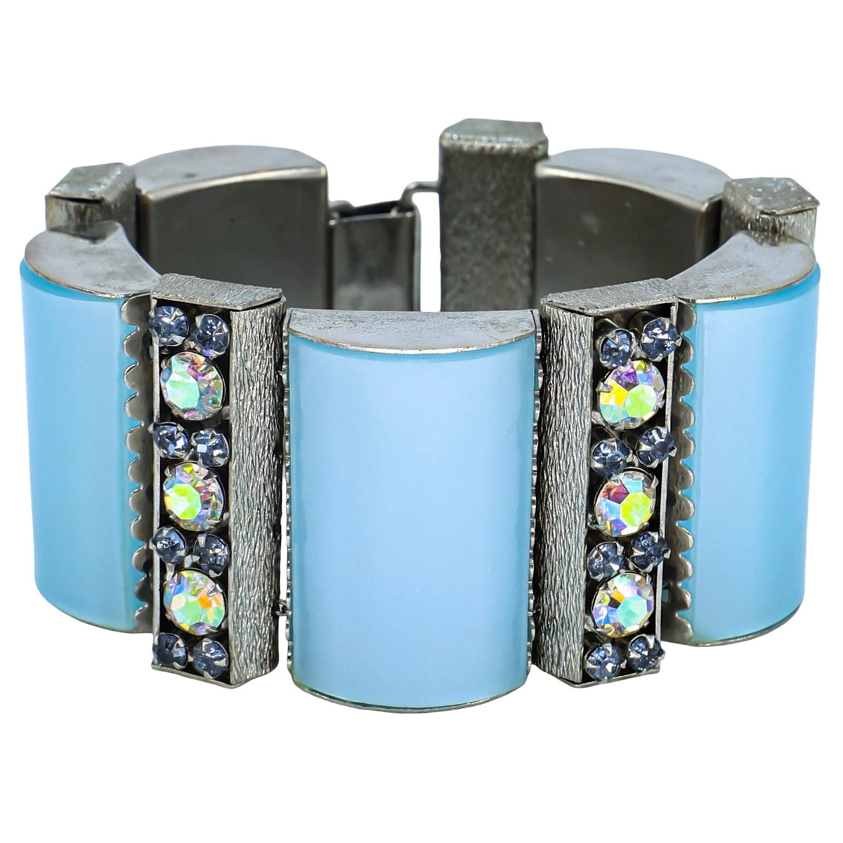 MCM Late 1950s Pastel Blue Thermoset & AB Rhinestone Statement Panel Bracelet