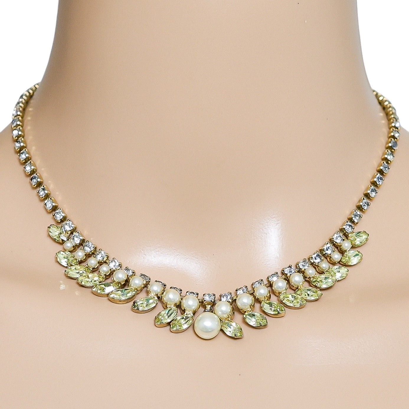 Vintage Green Rhinestone and Faux Pearl Mid Century Choker Necklace