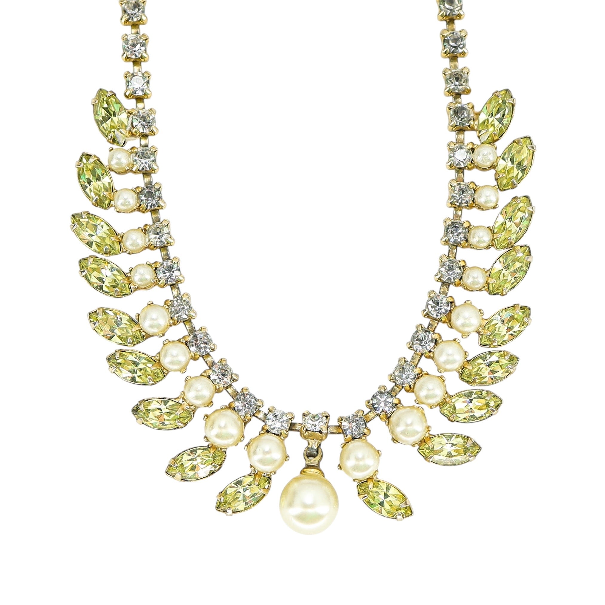 Vintage Green Rhinestone and Faux Pearl Mid Century Choker Necklace