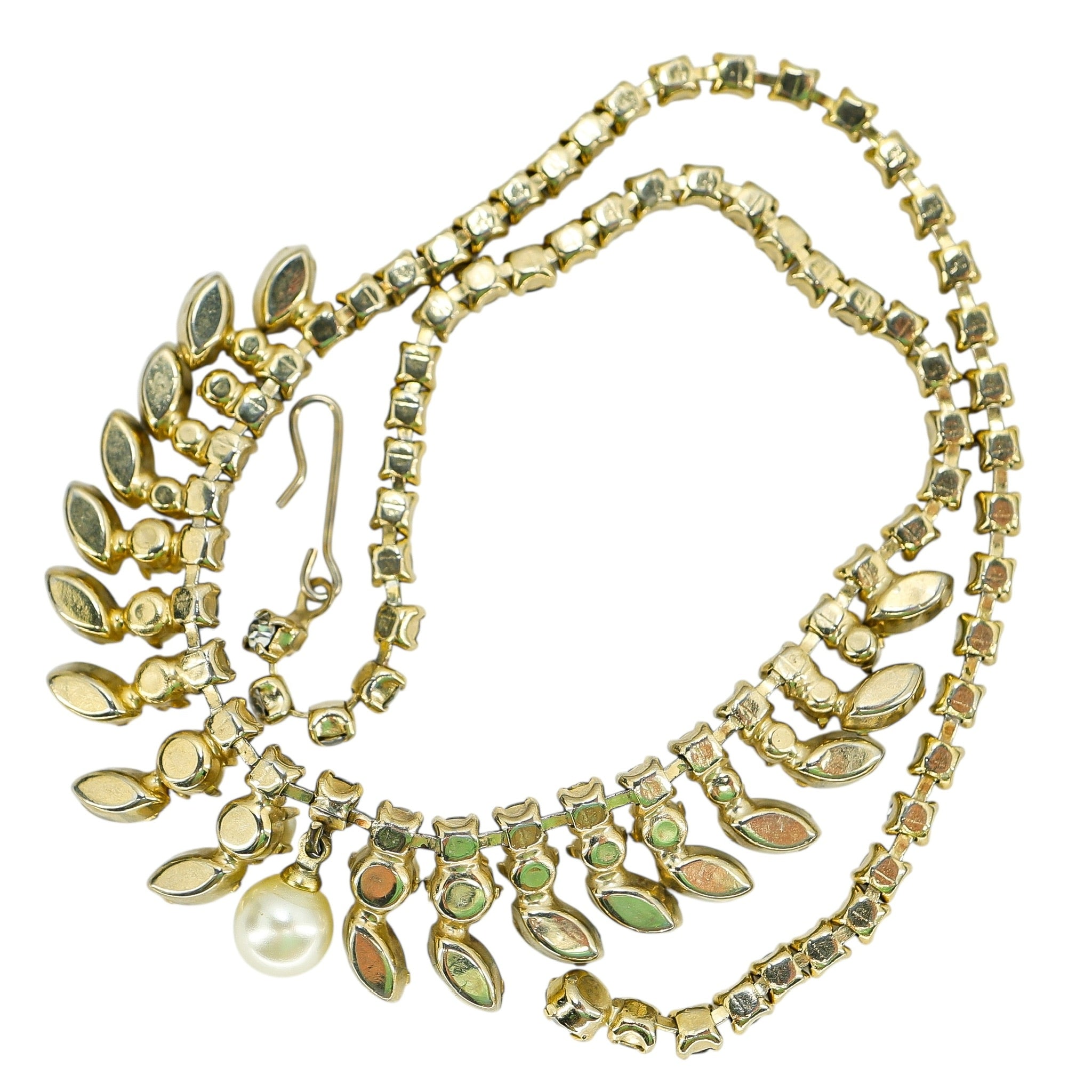 Vintage Green Rhinestone and Faux Pearl Mid Century Choker Necklace