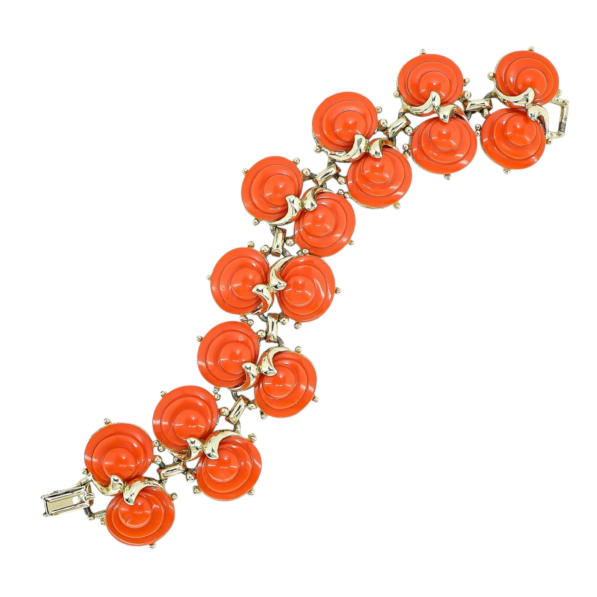 Vintage Mid Century MOD Bracelet With Coral Color Shell Shaped Cabs