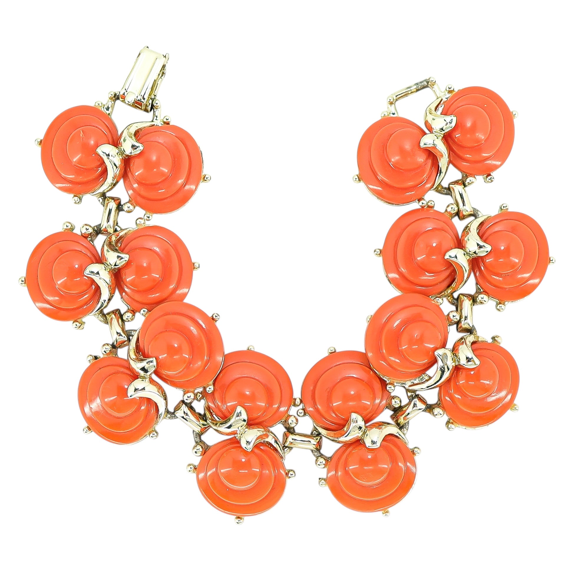 Vintage MCM MOD Panel Bracelet With Coral Color Shell Shaped Plastic Cabs