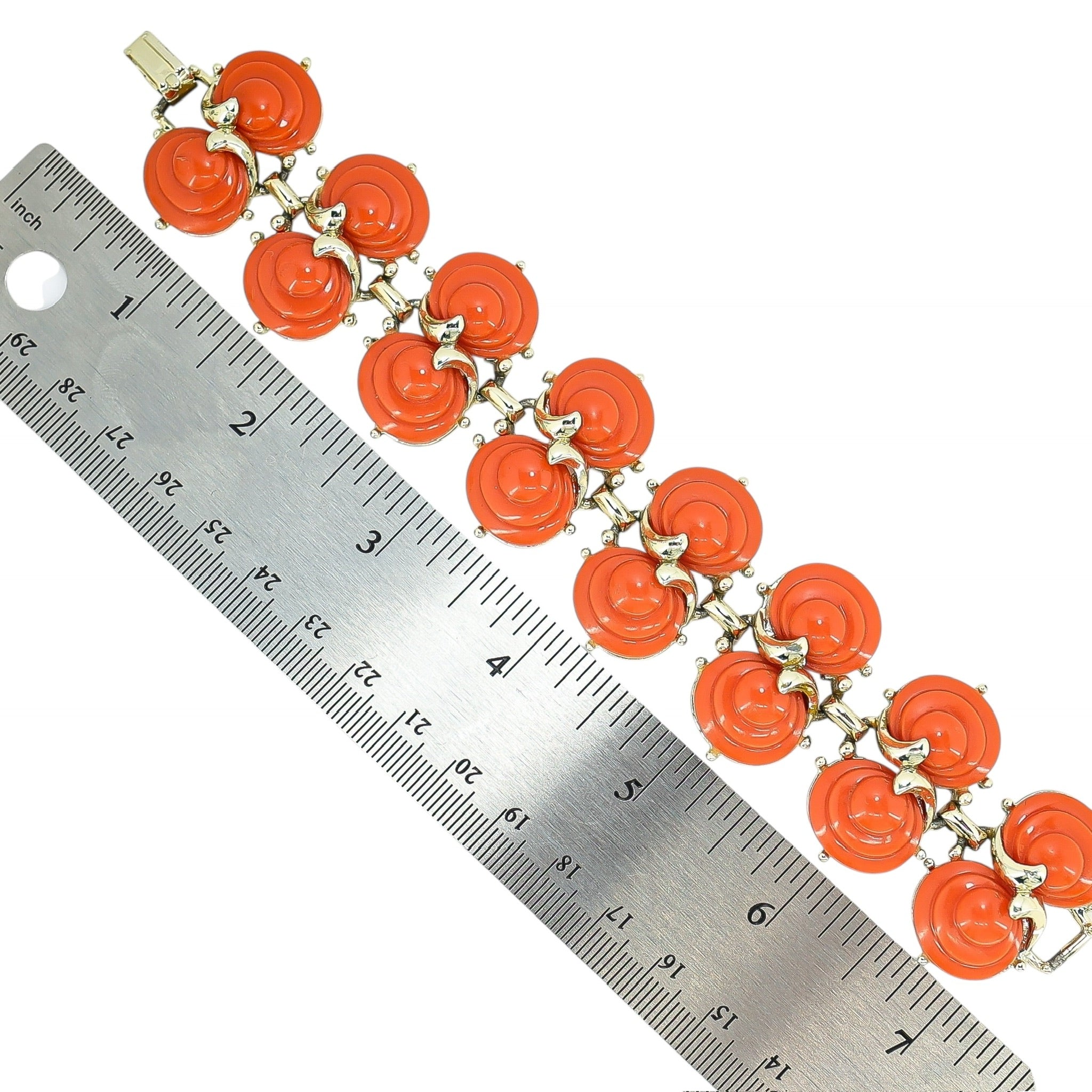 Vintage Mid Century MOD Bracelet With Coral Color Shell Shaped Cabs