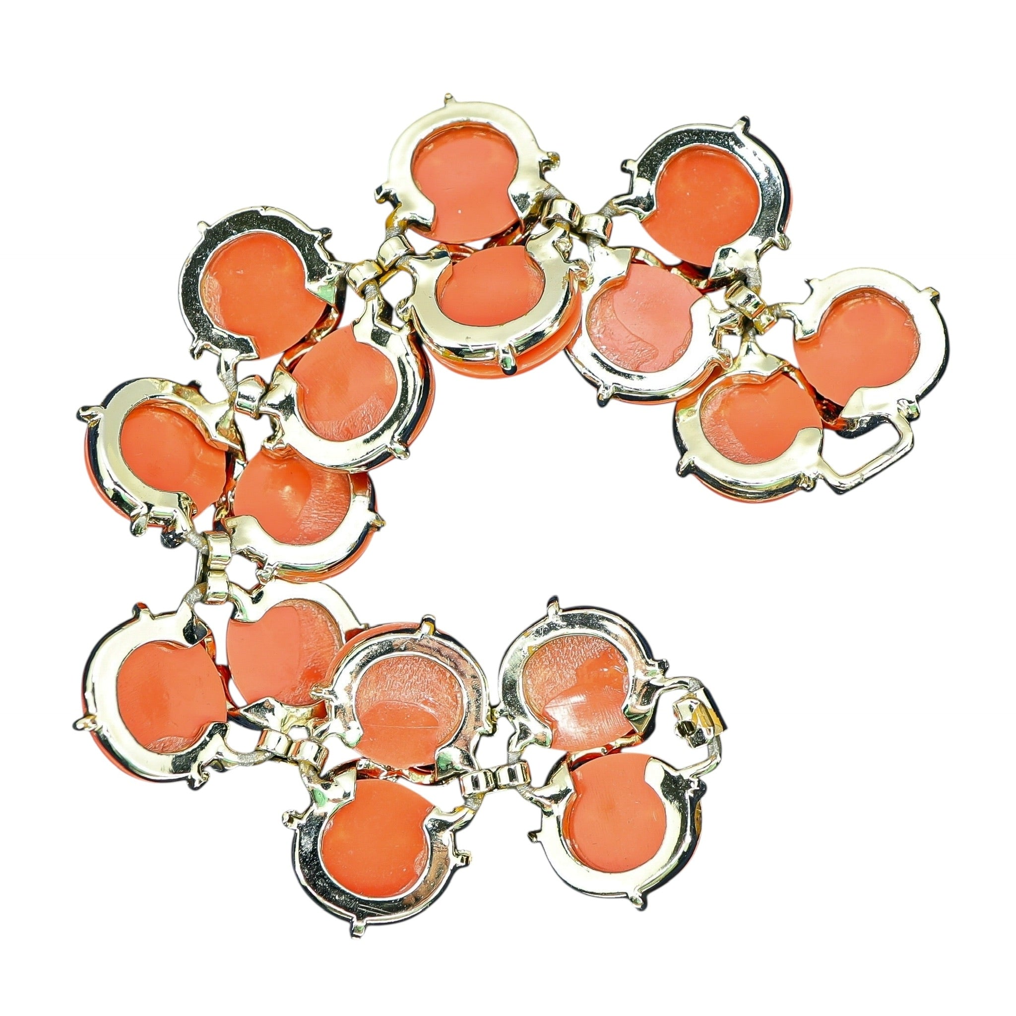 Vintage Mid Century MOD Bracelet With Coral Color Shell Shaped Cabs